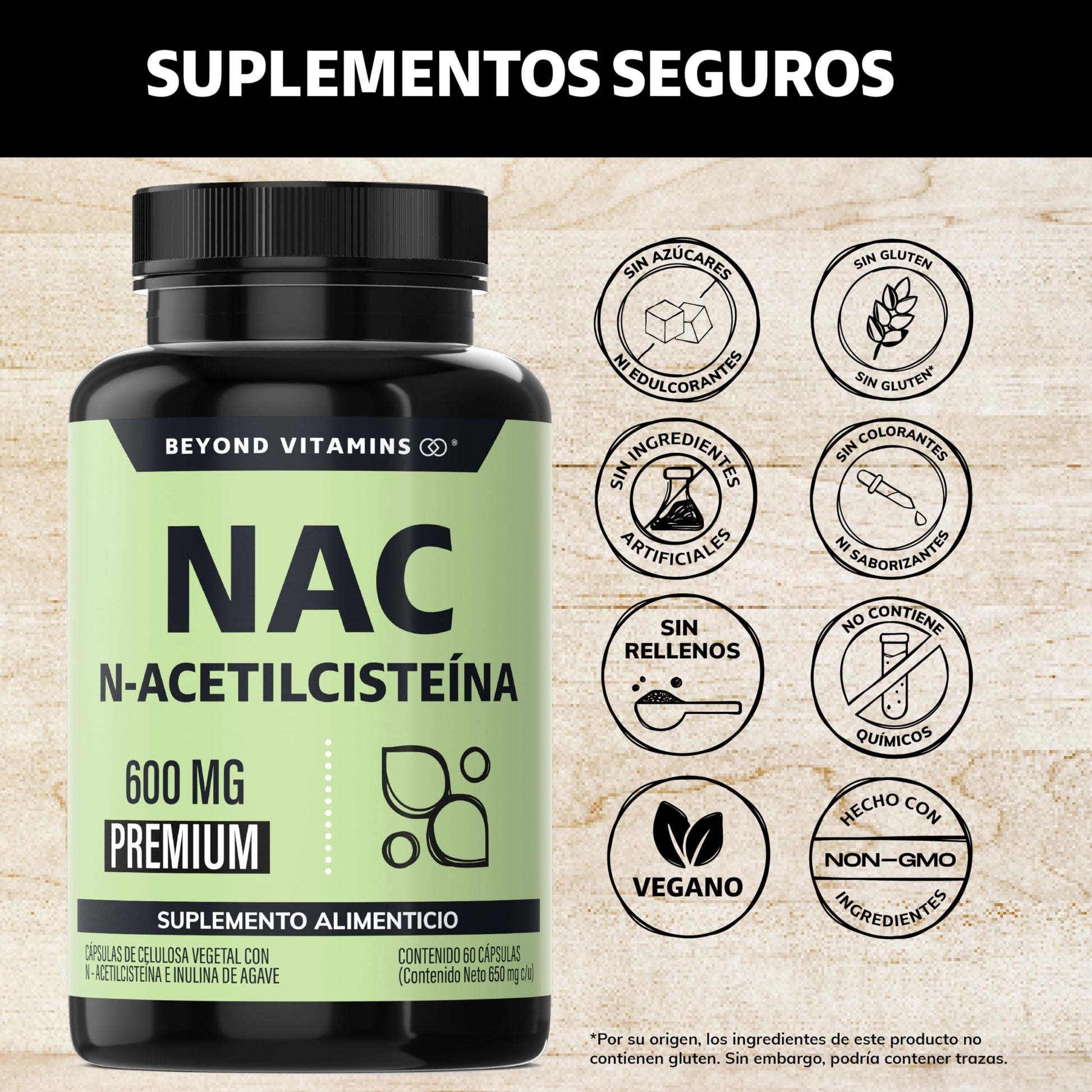 Beyond Vitamins | NAC N-Acetil Cisteína 600mg ultra-premium con Inulina de Agave | N-Acetyl Cysteine (60 Cápsulas)