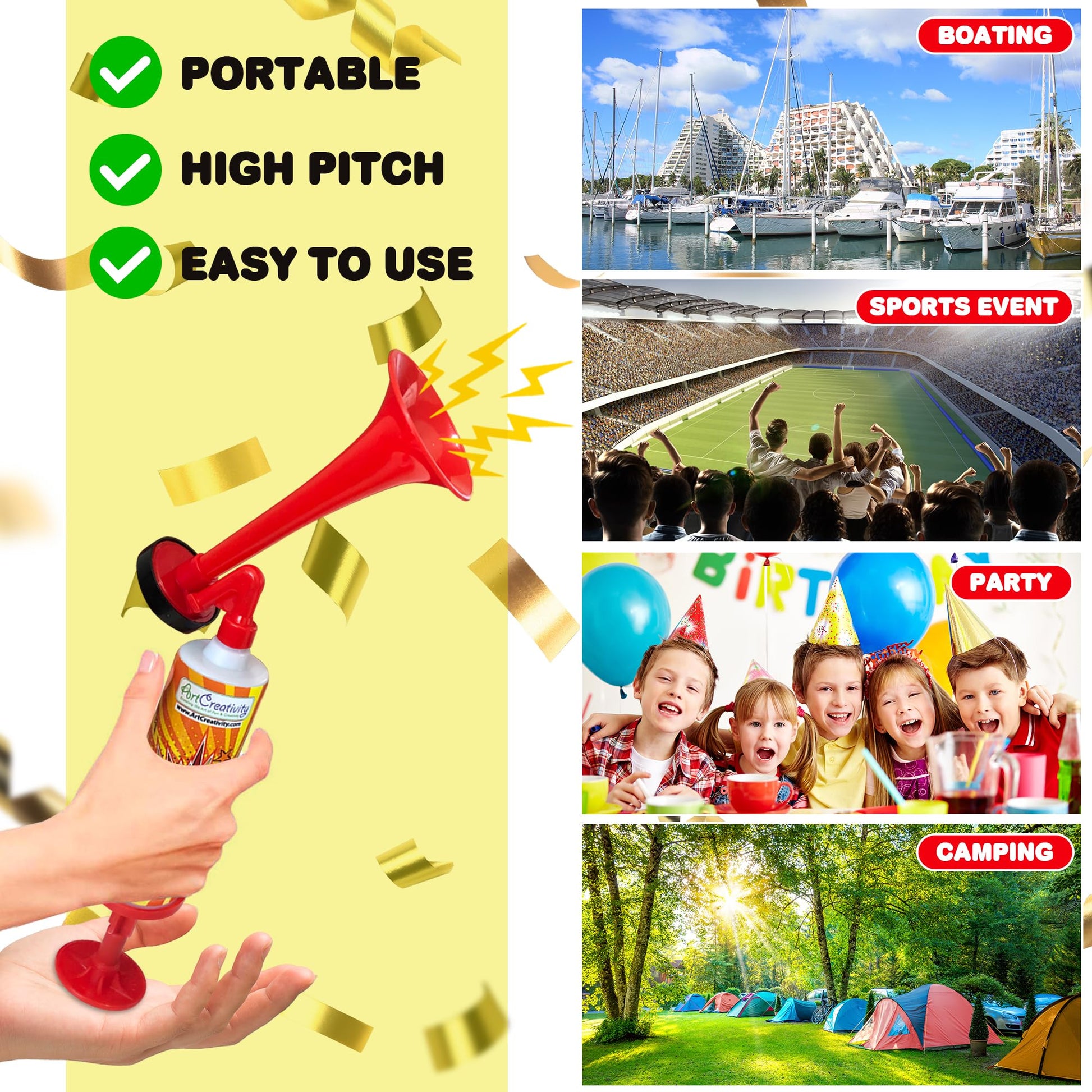 ArtCreativity - Mini bomba de bocina de aire, fabricantes de ruido de cuerno de aire de 10 pulgadas para eventos deportivos, juego de 3 cuernos de soplado para seguridad, celebraciones, recuerdos de