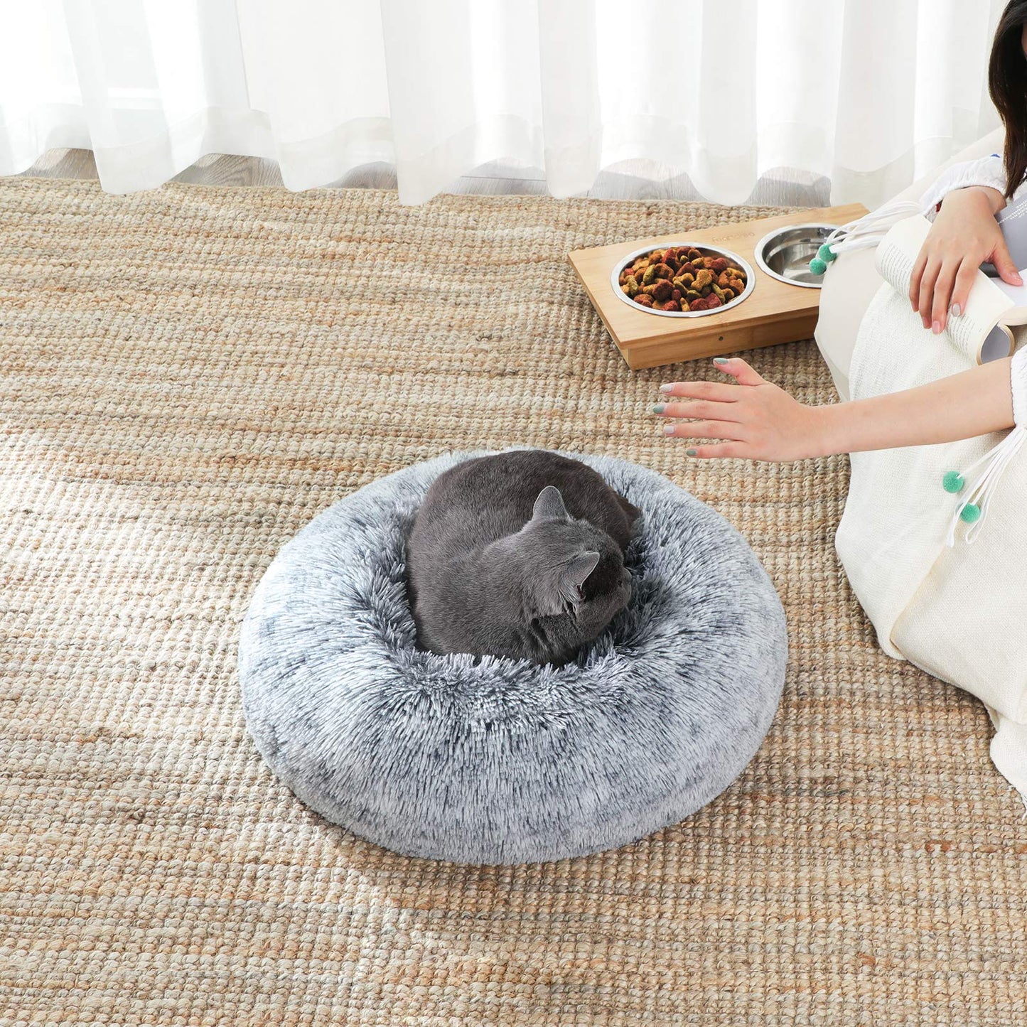 Feandrea Cama de Perros, Cama para Mascotas, Diámetro de 50 cm, Cojín Central Extraíble y Lavable, Alfombra de Felpa, Gris Ombré MPGW037G01