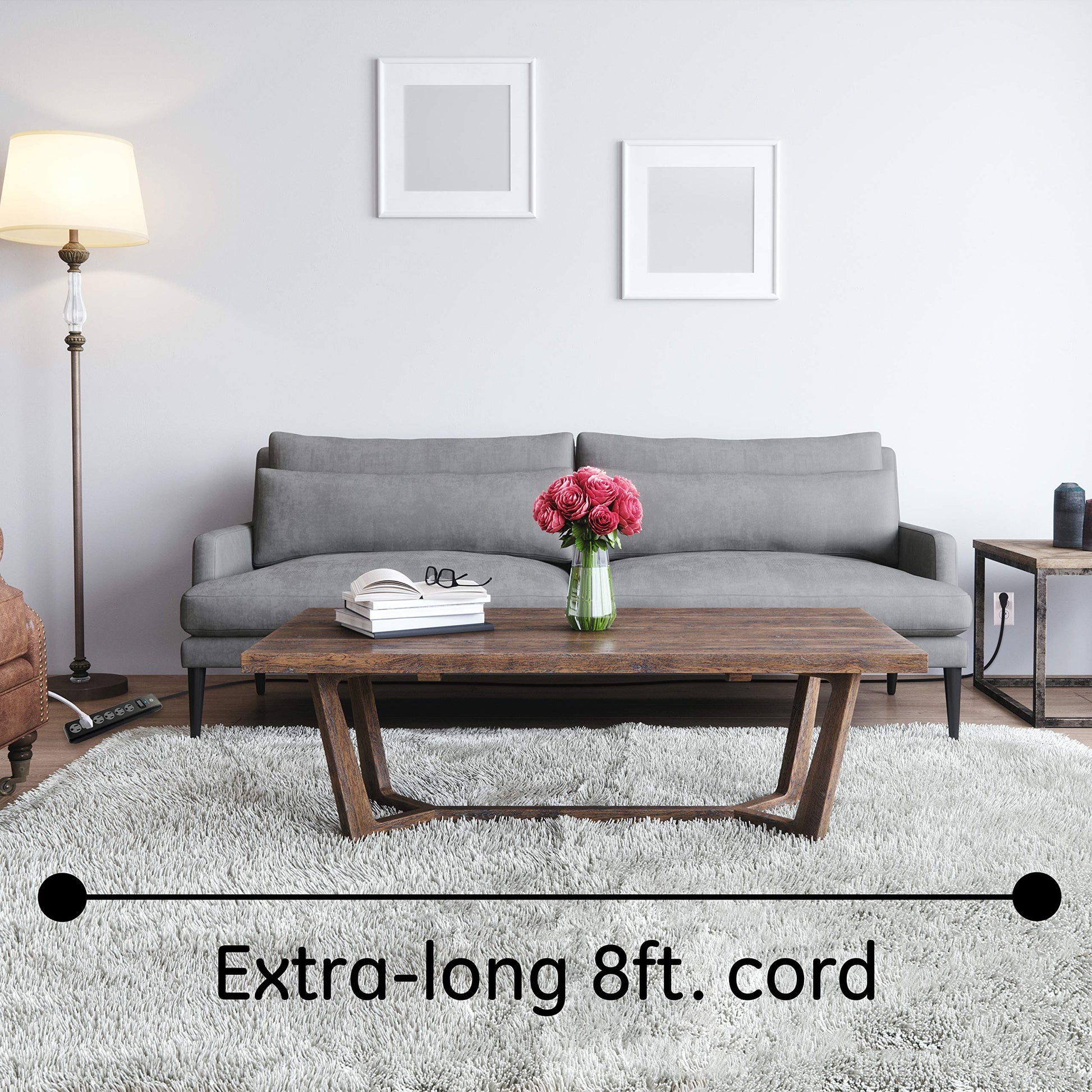 GE Tira Multicontactos De 6 Salidas Con Supresor De Picos Y Enchufe Plano, Cable De Extensión De 2.4 Metros (8 Pies), 1300 Julios, Cubiertas De Seguridad Con Giro Para Cerrar, Negro, 2 Unidades, 54643