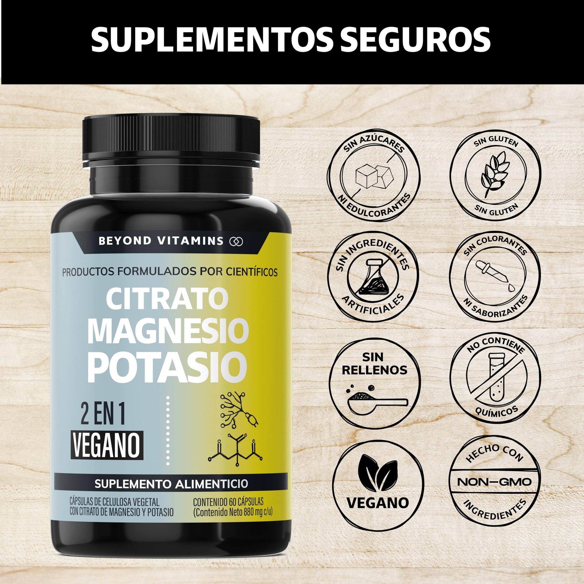 Citrato de Magnesio + Citrato de Potasio | 1334 mg de citrato de magnesio y citrato de potasio | Adicionados con Platano en Polvo, Curcuma y Arroz | Cápsulas sin rellenos | Vegano | Citrate Magnesium + Potassium Citrate-60 cápsulas