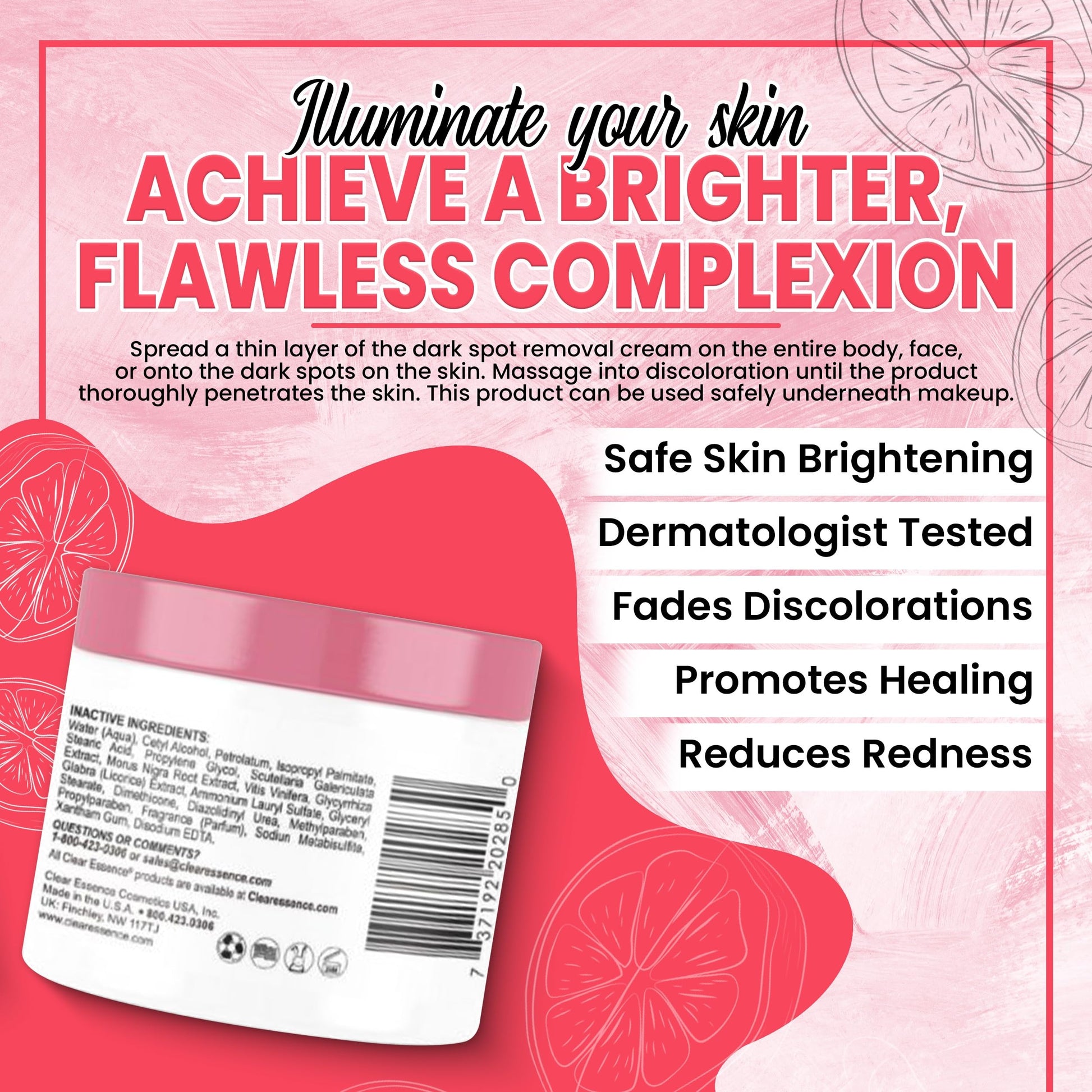Clear Essence Exclusive Medicated Fade Creme With Sunscreen - Fade Cream For Dark Spots - Beauty Cream for Glowing Skin Complexion - Skin Care (4 Oz.)