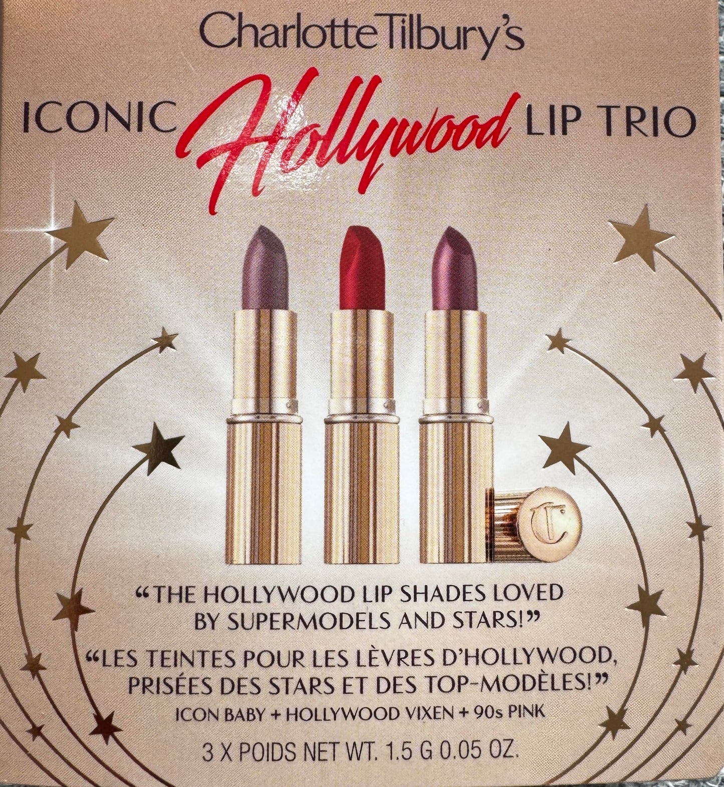 Charlotte Tilbury - Iconic Hollywood Lip Trio - Trio de Labiales iconicos - Set de 3 labiales Icon Baby, Hollywood Vixen, 90s Pink