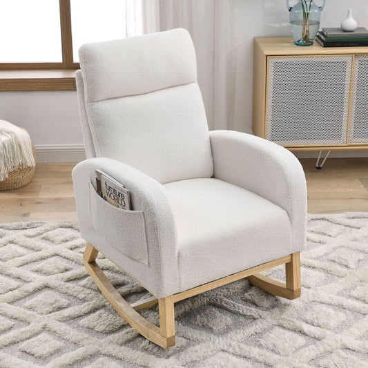 Krinana - Mecedora de guardería con patas de madera maciza, silla planeadora para guardería con dos bolsillos laterales, sillón basculante para sala de estar, recámara (blanco marfil, tela de peluche)