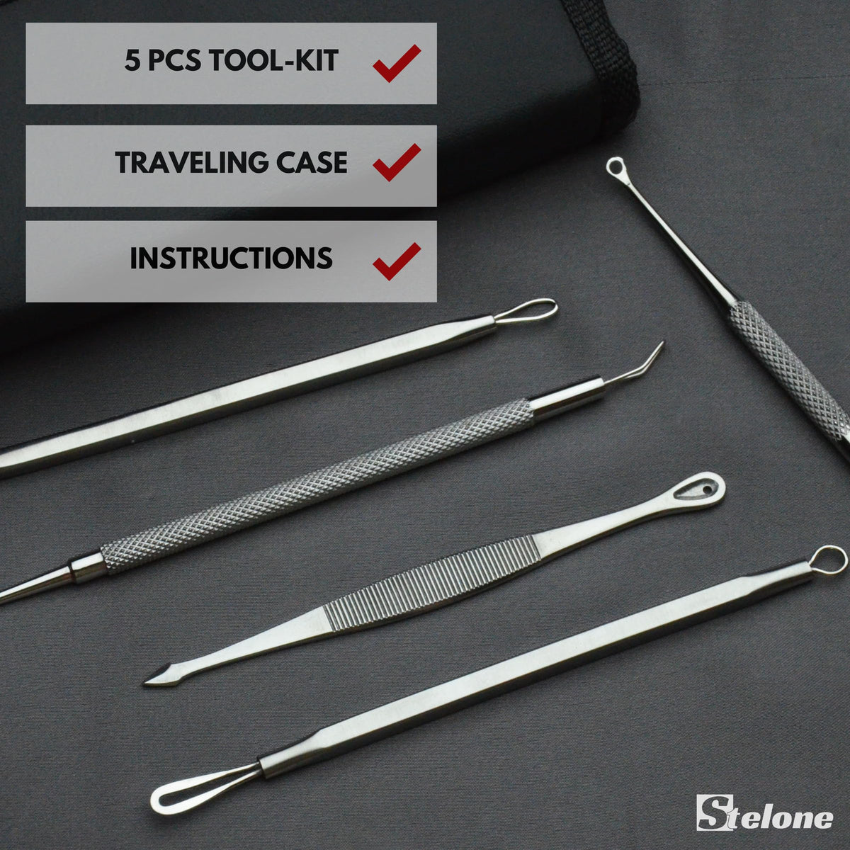 Stelone Kit de Extracción de Espinillas - Herramientas Profesionales para Puntos Negros Y Acné En Rostro Y Cuerpo - Set de Extracción de Comedones de Acero Inoxidable con Estuche