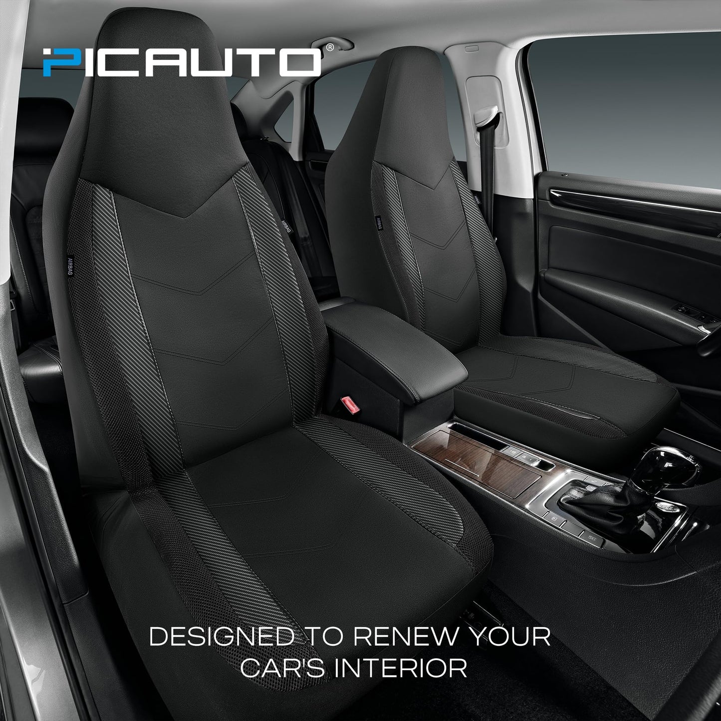 PIC AUTO - Fundas de asiento delantero de coche con respaldo alto, fundas de asiento de malla de fibra de carbono, ajuste universal, compatible con airbag (negro)