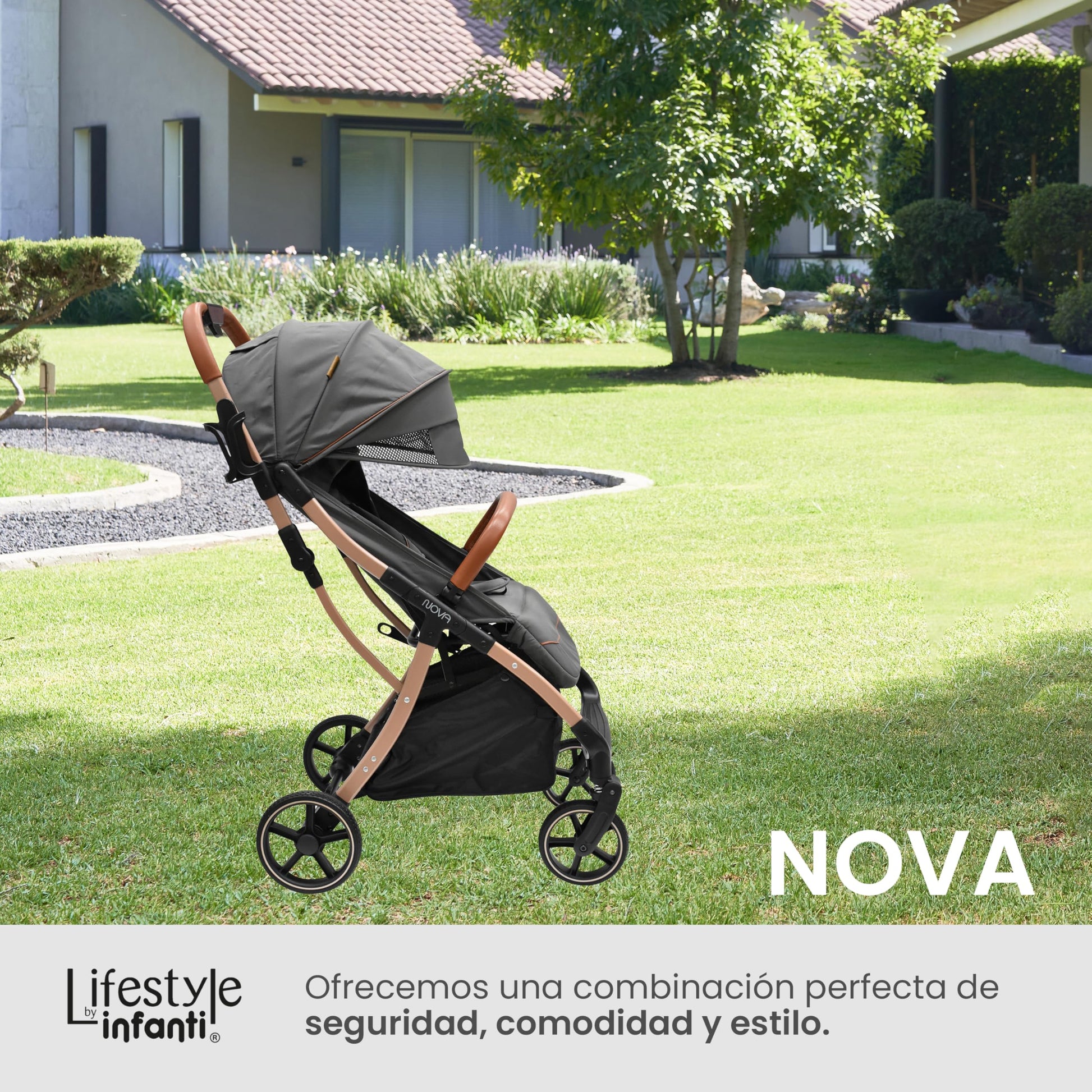 INFANTI | Carriola para Bebe Nova Gris Lifestyle | Carreola Bebé con Plegado Automático y Compacto con Arnés de 5 Puntos - Toldo Completo con Visera y Ventanilla | Reclinación Ajustable y Canastilla