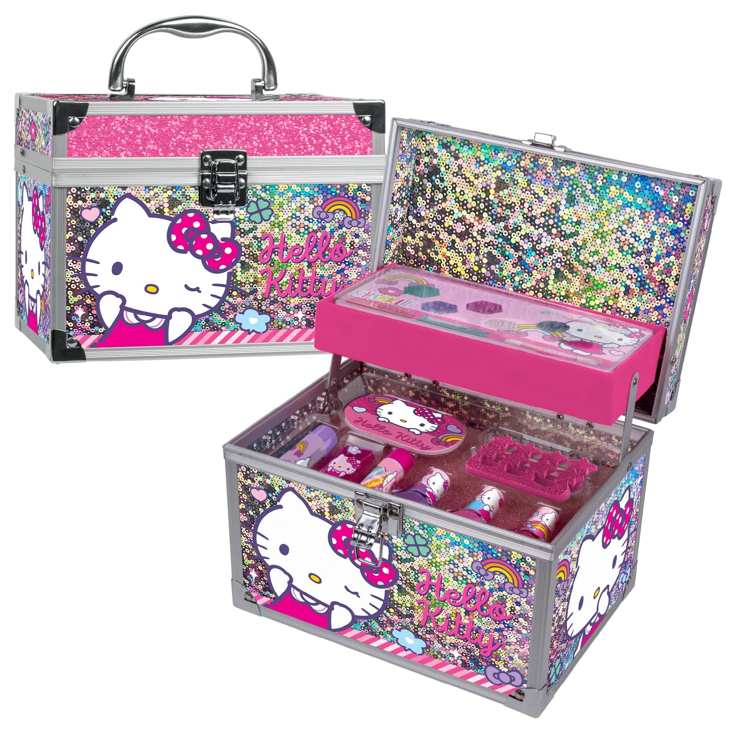 MAKEUPERIA Estuche de Maquillaje Infantil con Diseño Hello Kitty, Maletín Metálico con Espejo, Sombras, Brillos, Esmaltes, Lima, Separadores, Pinceles y Bandeja, Maquillaje Lavable y Seguro para Niñas