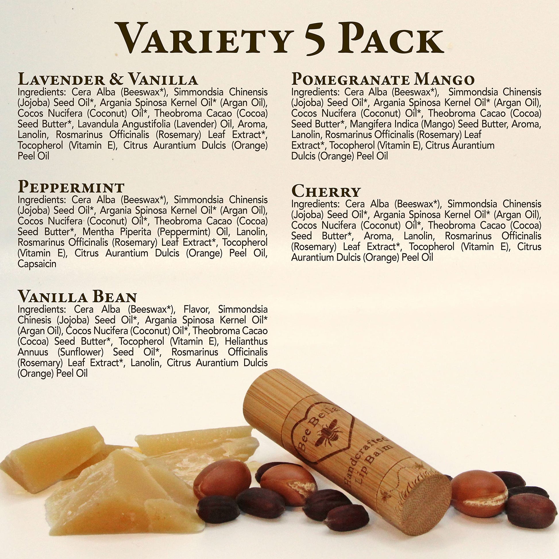 Bee Bella: bálsamos labiales – con cera de abejas, aceite de coco, aceite de jojoba, aceite de vitamina E, aceite de argán y más para labios suaves y lisos, humedad de larga duración, hecho a mano en los Estados Unidos (paquete variado, 5 unidades)