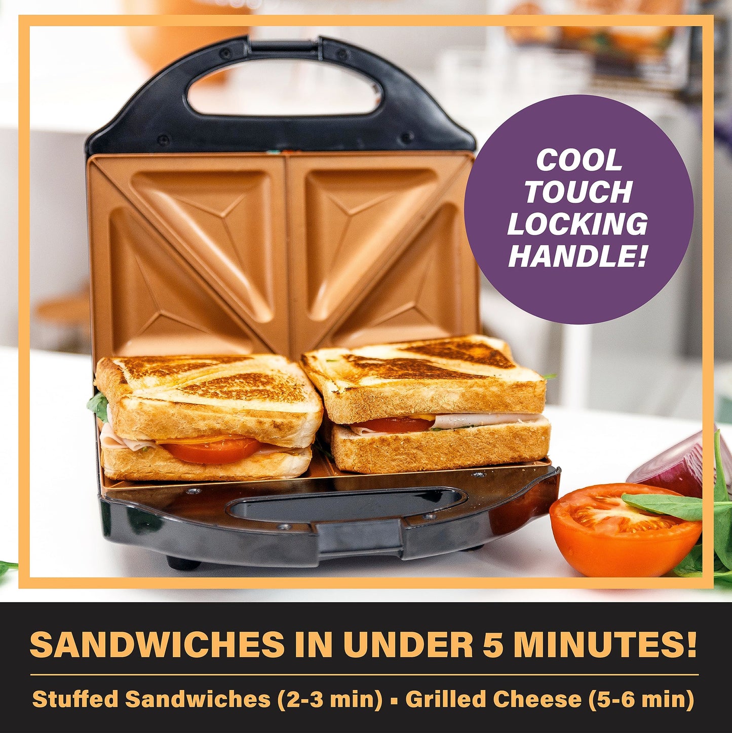 Gotham Steel Sandwich Maker, Toaster and Electric Panini Grill with Ultra Nonstick Copper Surface - Makes 2 Sandwiches in Minutes with Virtually No Clean Up, with Easy Cut Edges and Indicator Lights