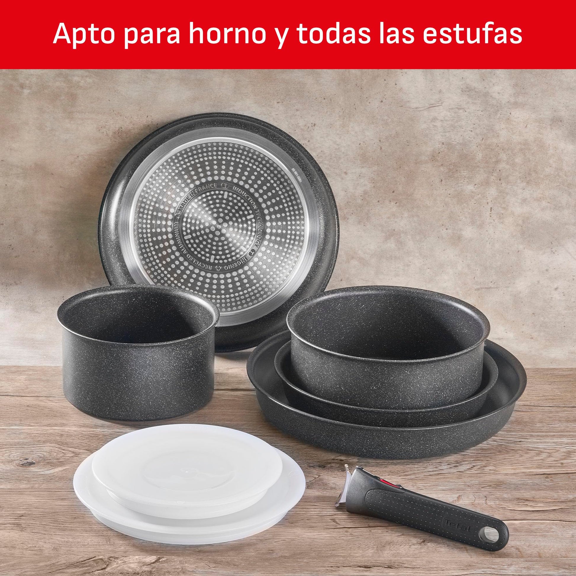 T-fal Ingenio Black Stone Batería de Cocina 8 piezas, Efecto Piedra con Mango Removible, Multifuncional, recubrimiento Mineralia+, Negro, L3999502