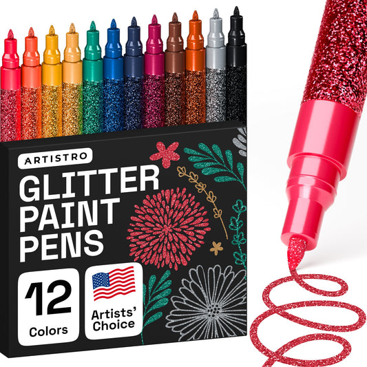 ARTISTRO - 12 bolígrafos de pintura con purpurina brillantes y brillantes para pintura rock, piedra, cerámica, vidrio, madera, tela, álbumes de recortes, manualidades, colorear, marcadores acrílicos