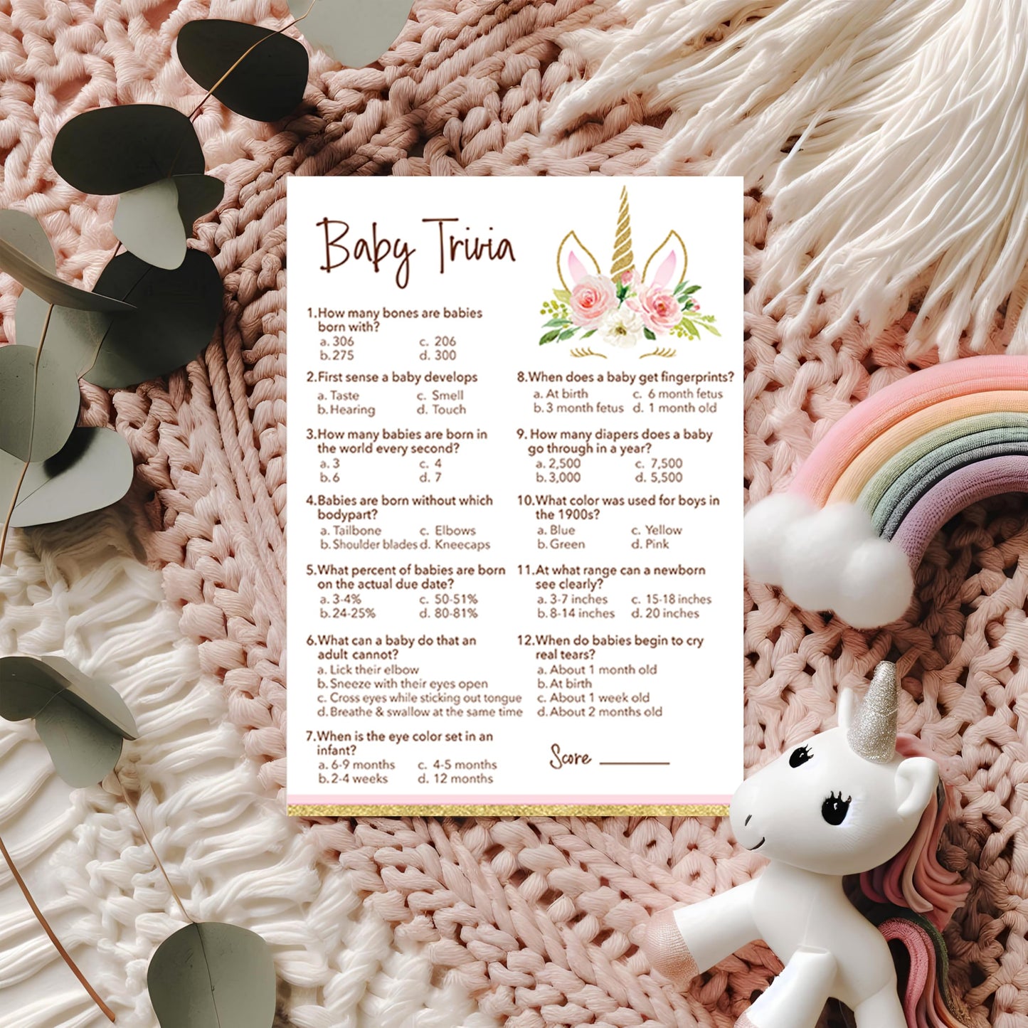Roseum Collections UNICORN GIRL - Juego de baby shower para niña - Juego de 25 - Divertidos juegos de datos del bebé, diseño floral rosa para baby shower, actividades para baby shower con temática
