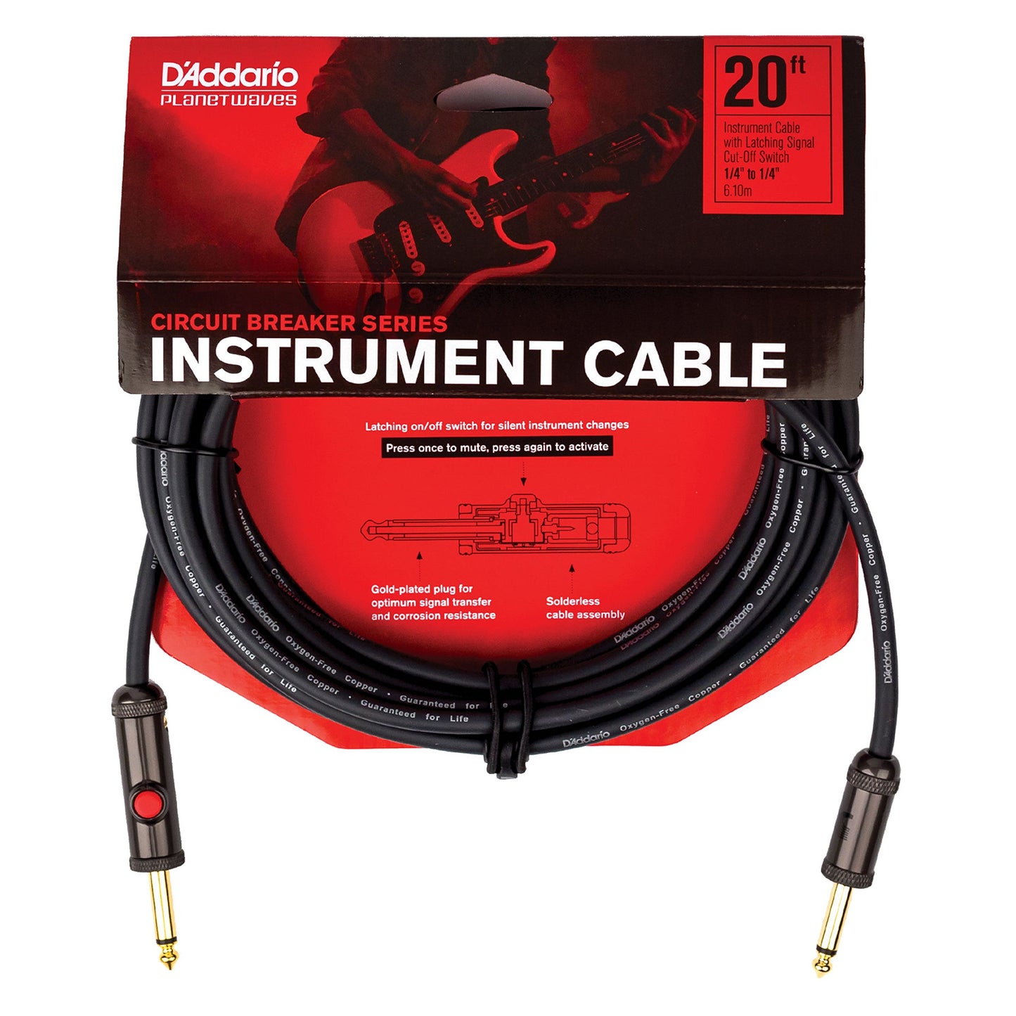 D'Addario Guitar Cable - Guitar Lead - Circuit Breaker Cable - Latching Cut-Off Switch to Mute When Changing Instrument - 20 Feet/7.62 Meters - Straight Ends - 1 Pack