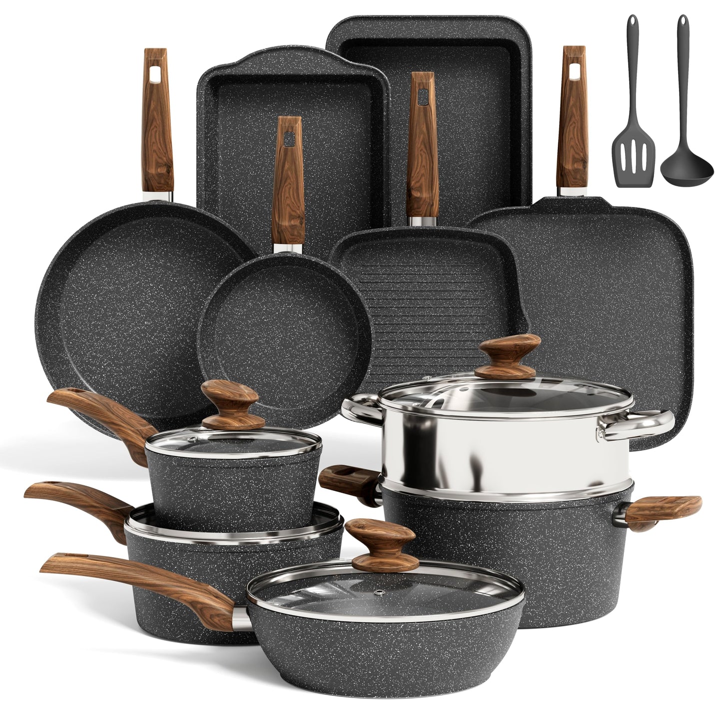 KITCHEN ACADEMY BETTER LIVING THROUGH COOKING PERFECTION Juego de utensilios de cocina de inducción, 17 piezas, antiadherentes, juego de ollas y sartenes de granito negro