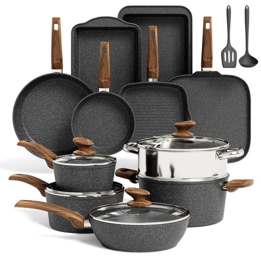 KITCHEN ACADEMY BETTER LIVING THROUGH COOKING PERFECTION Juego de utensilios de cocina de inducción, 17 piezas, antiadherentes, juego de ollas y sartenes de granito negro