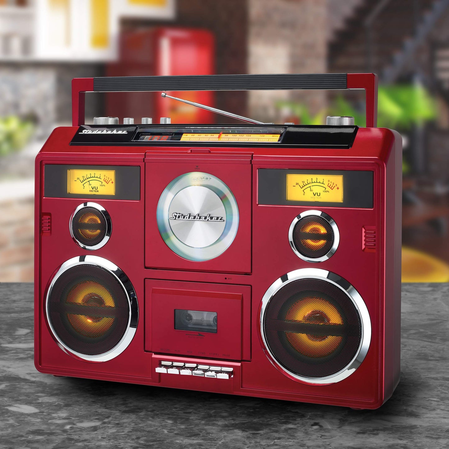 Estación de Sonido Estéreo Boombox Rojo con Bluetooth y Grabadora de Casete