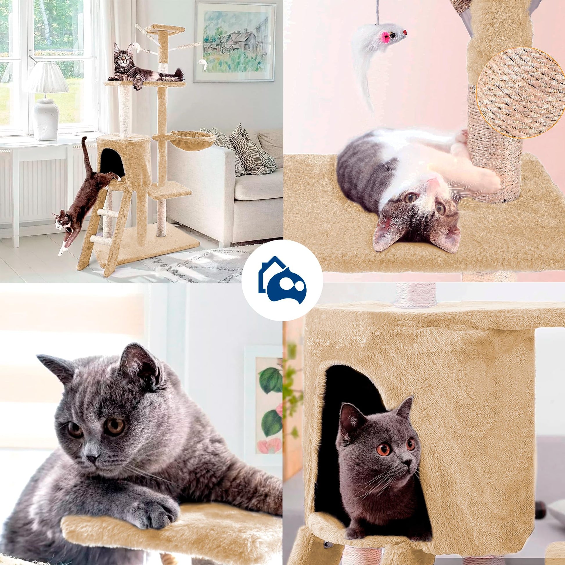 Bluelander Torre para Gatos de 1.3 M de Altura, Arbol para Gatos de Múltiples Niveles, Rascador para Gatos, Escaleras, Repisas, Cueva y Hamaca, Superficies Sólidas y Afelpadas, Cuerda de Yute (Café)