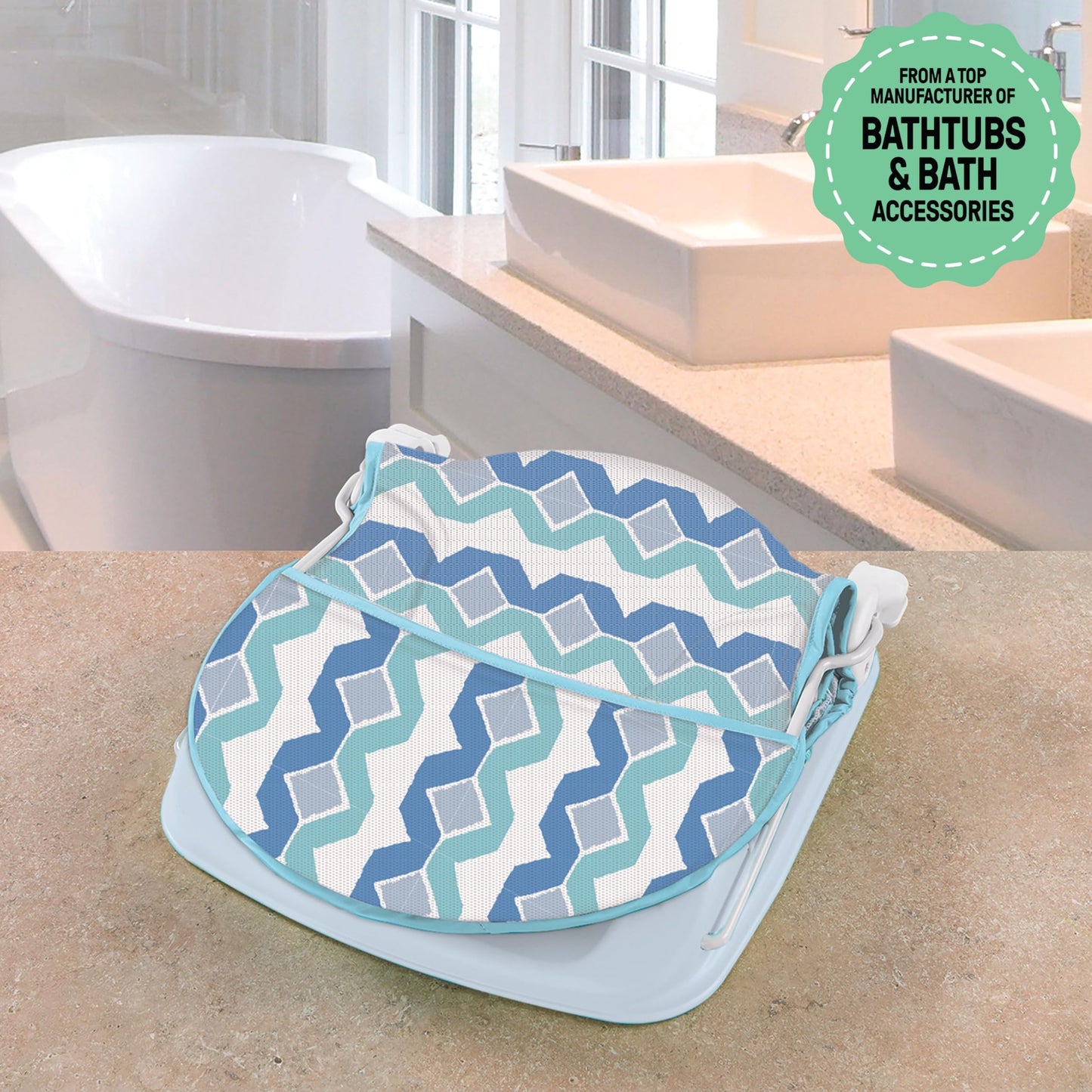 Summer Infant Deluxe - Asiento de baño para bebé, soporte ajustable para fregadero o tina, incluye 3 posiciones reclinables, ondas geográficas