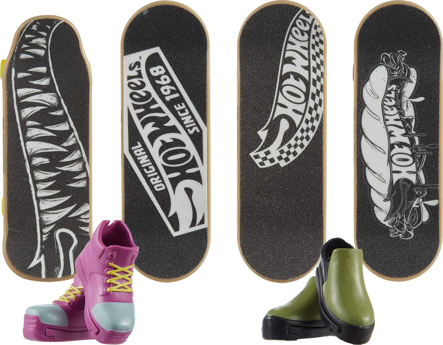 Hot Wheels, Multipack de Skate, Experto en Velocidad, 4 Patinetas para Dedos y 2 Pares de Tenis de Skate, Skate, Juguete para Niños, Mattel