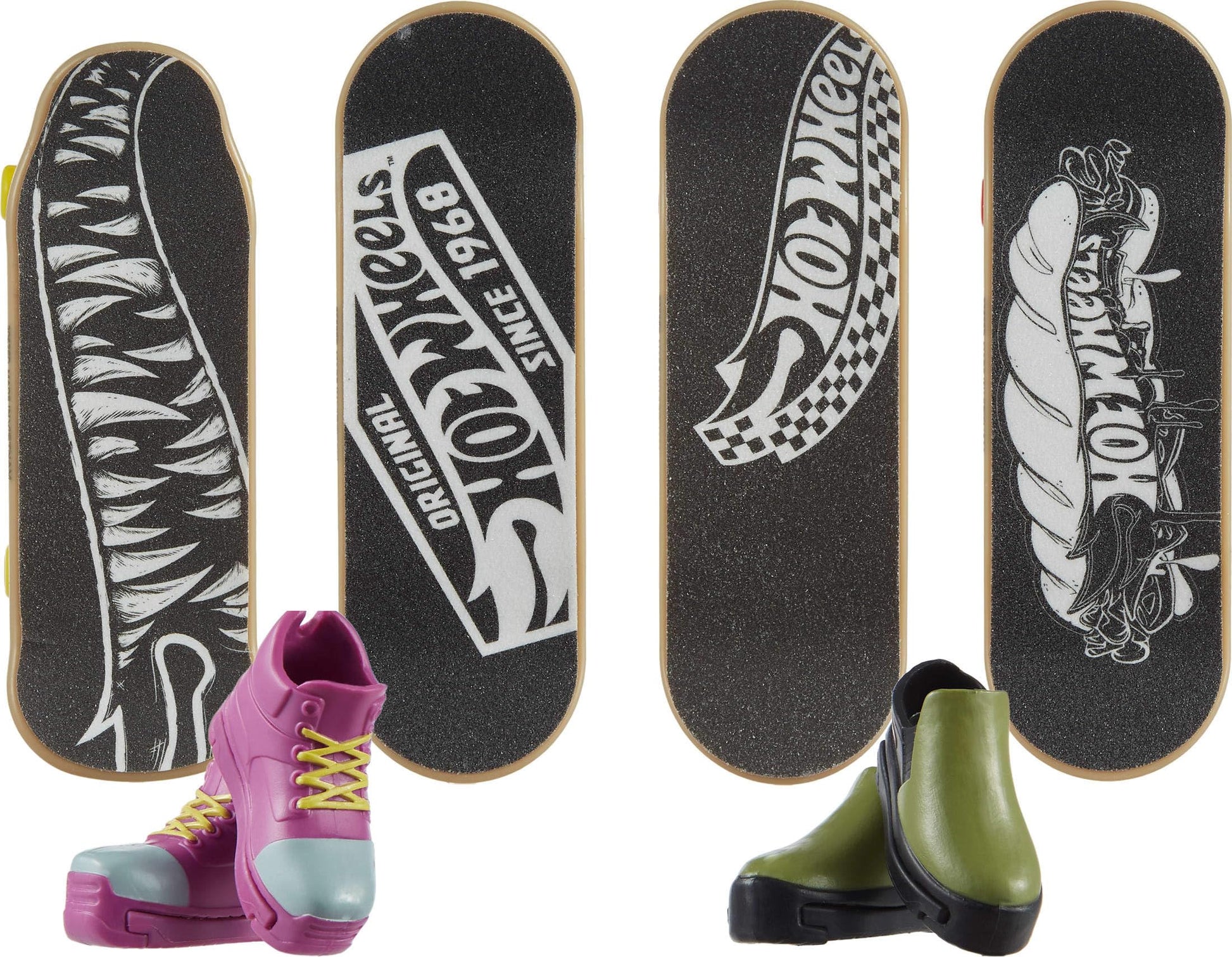 Hot Wheels, Multipack de Skate, Experto en Velocidad, 4 Patinetas para Dedos y 2 Pares de Tenis de Skate, Skate, Juguete para Niños, Mattel