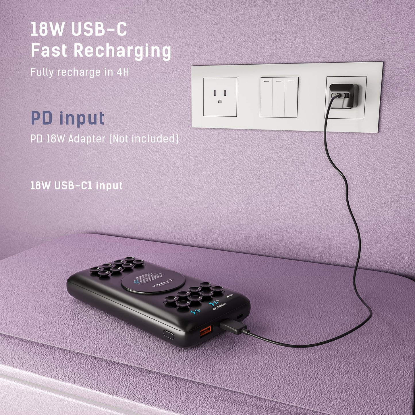 Banco de Energía Techsmarter Violeta Potente, 20000 mAh, USB-C PD 18 W para iPhone y Galaxy