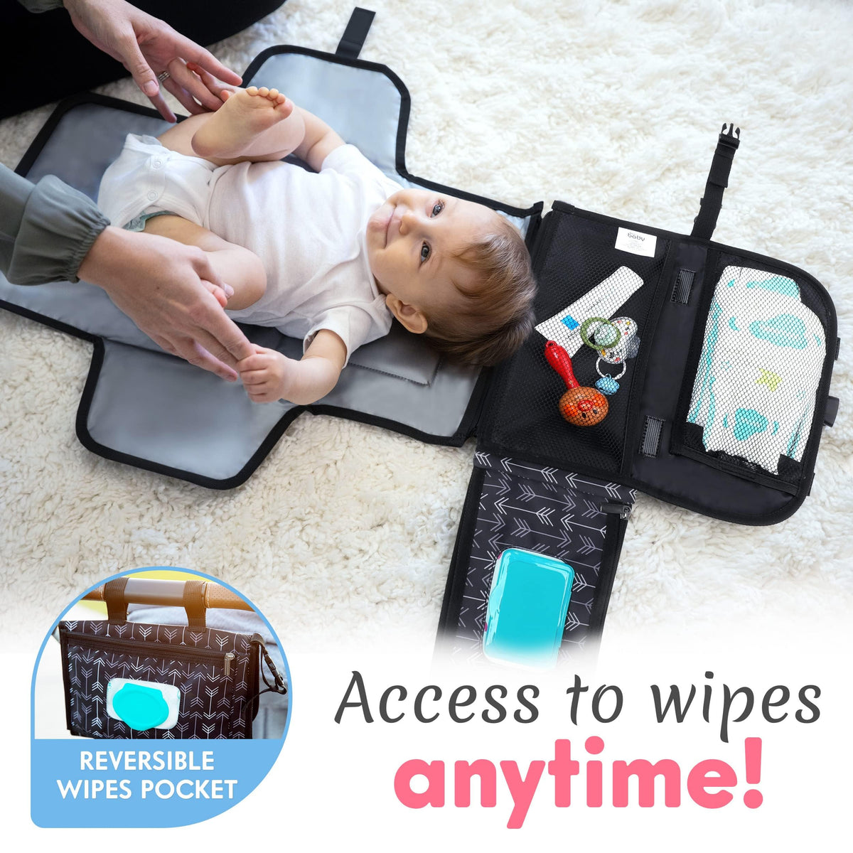 Kopi Baby - Cojín de cambio portátil, para recién nacidos, niña y niño, con bolsillo para toallitas inteligentes, kit de cambio de viaje impermeable, regalo para bebé, color negro