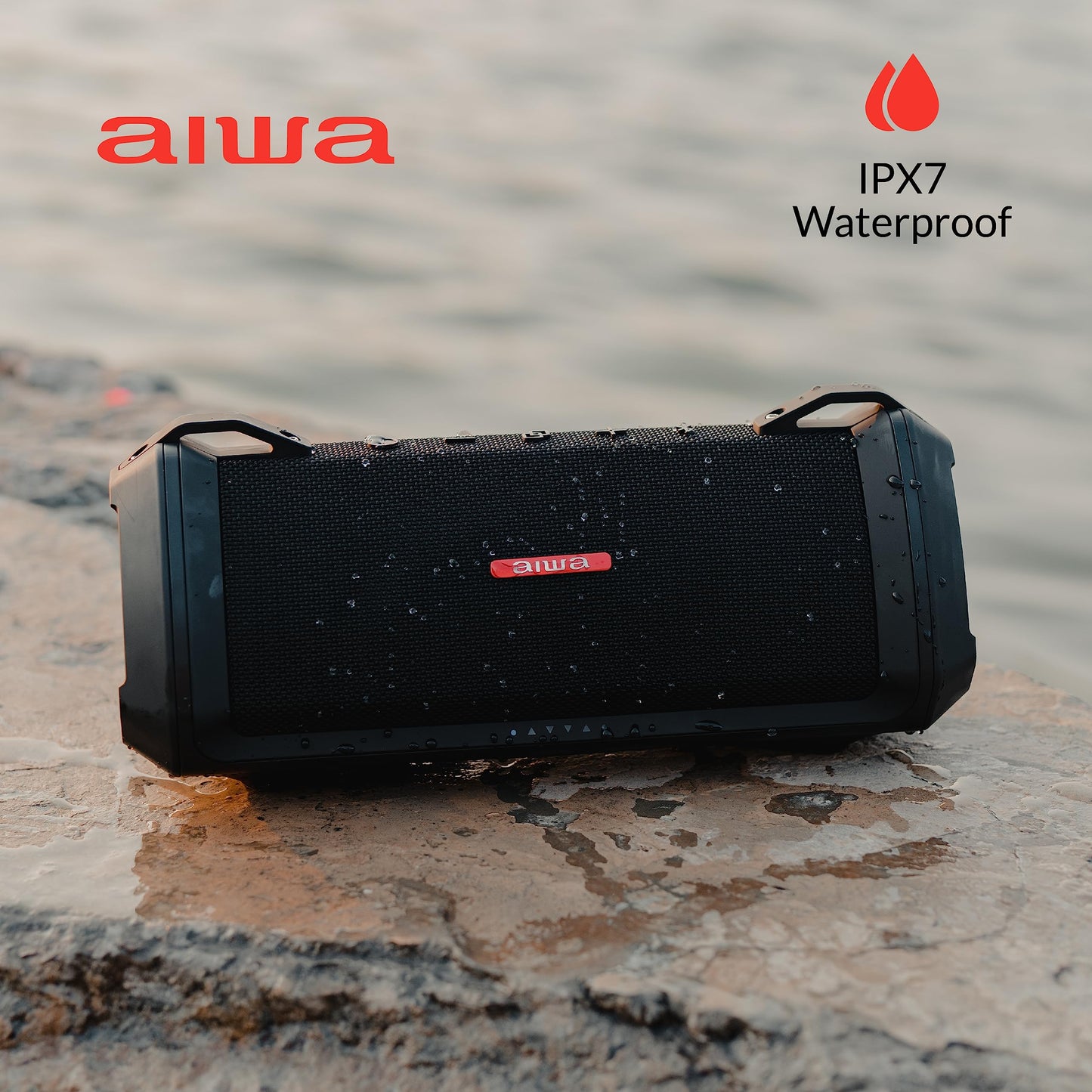 Aiwa Exos-3 - Altavoz Bluetooth Impermeable, Potencia máxima de 60 W, Tiempo de reproducción de 20 Horas, Sonido estéreo, Carga USB-C, Impermeable IPX7, emparejamiento inalámbrico, Perfecto para