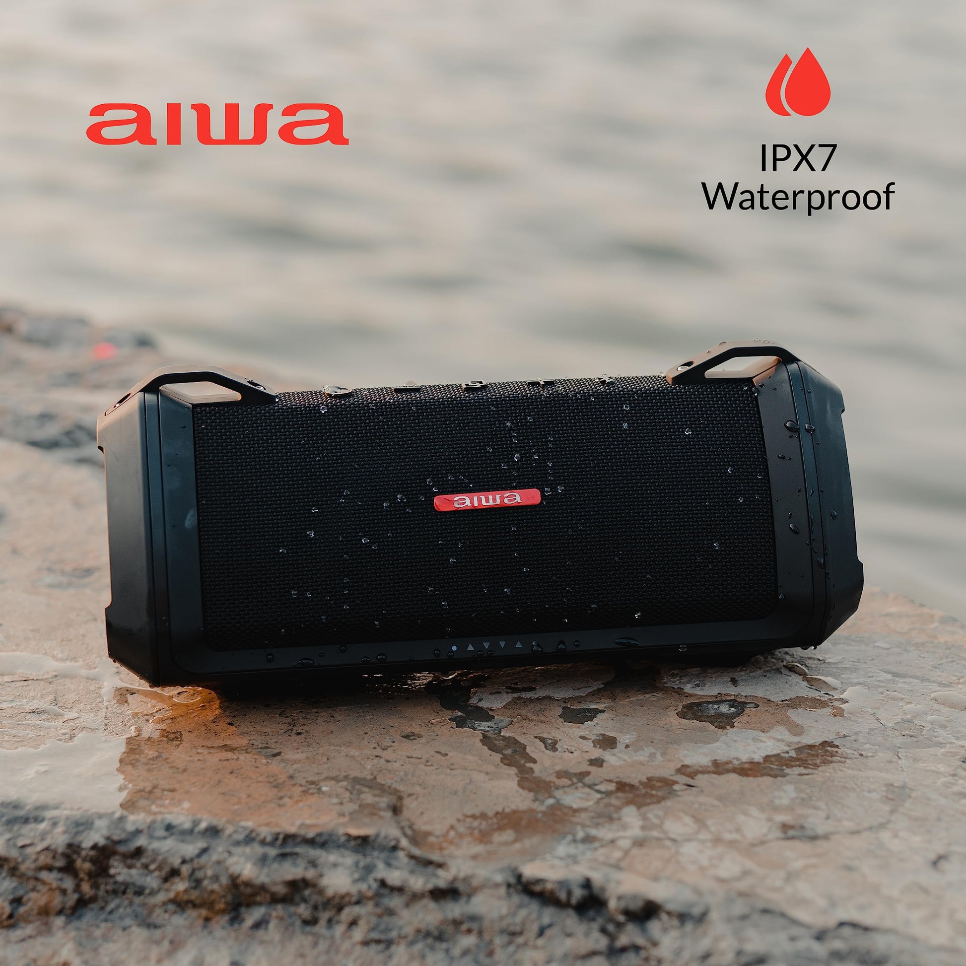 Aiwa Exos-3 - Altavoz Bluetooth Impermeable, Potencia máxima de 60 W, Tiempo de reproducción de 20 Horas, Sonido estéreo, Carga USB-C, Impermeable IPX7, emparejamiento inalámbrico, Perfecto para