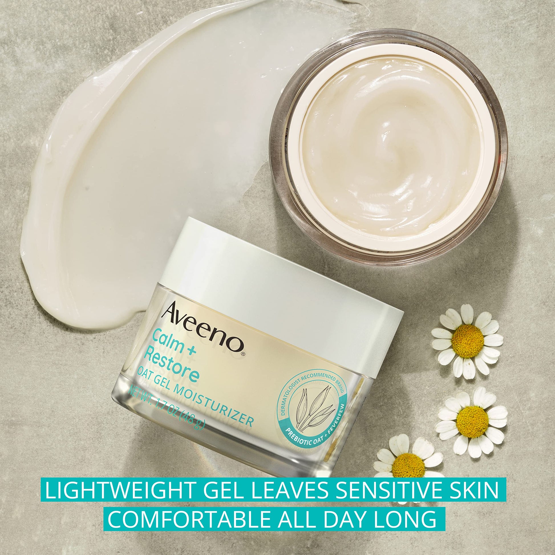 Aveeno Calm + Restore - Hidratante facial de gel de avena para pieles sensibles, crema de gel ligera hidratante facial con avena prebiótica y fiebre, hipoalergénico, sin fragancia y parabenos, 1.7 onzas