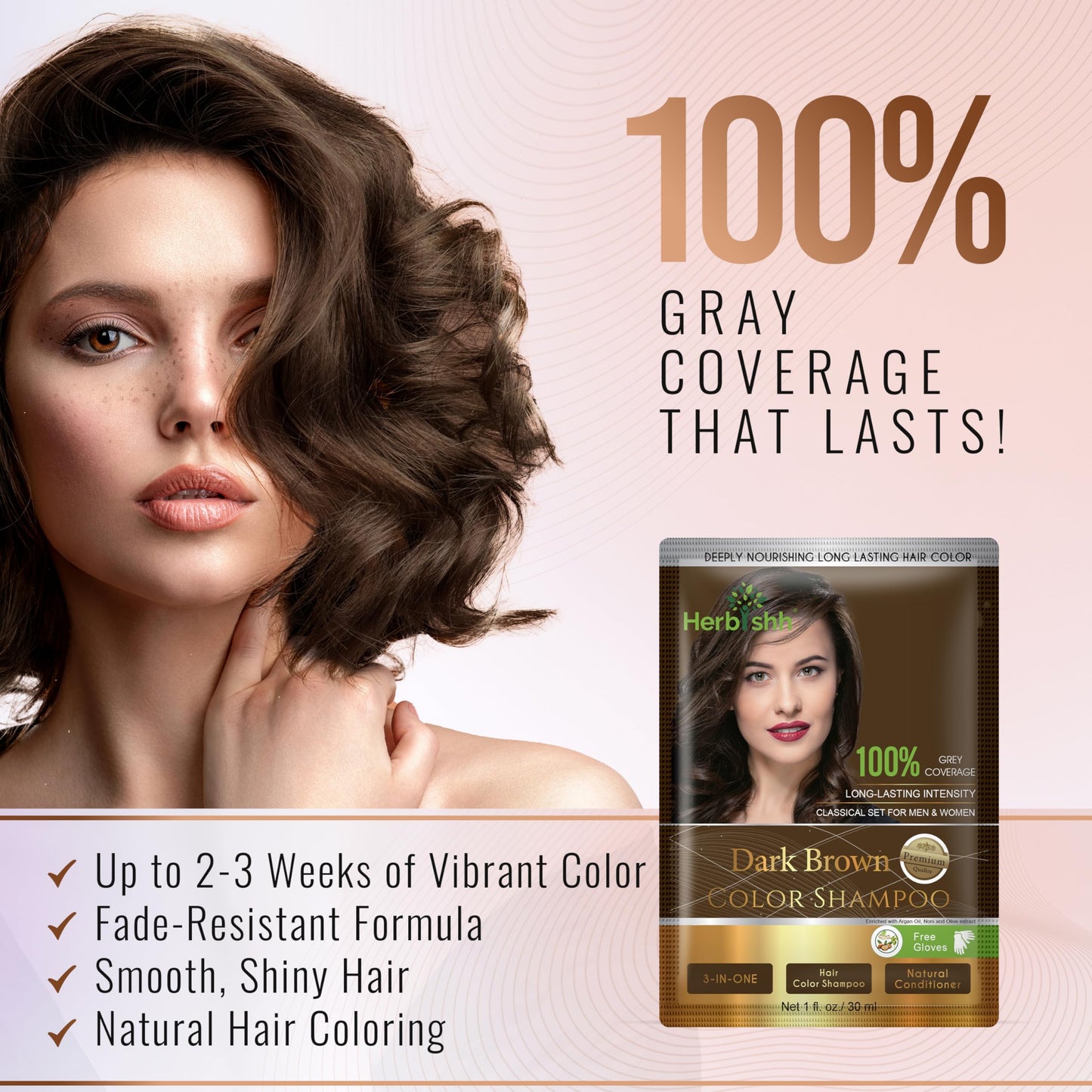 Herbishh Hair Color Shampoo for Gray Hair– Hair Dye Shampoo with Argan Hair Mask–Tamaño de viaje-Tiñe el cabello en minutos–Color de larga duración–10pack+1pack (Dark Brown)