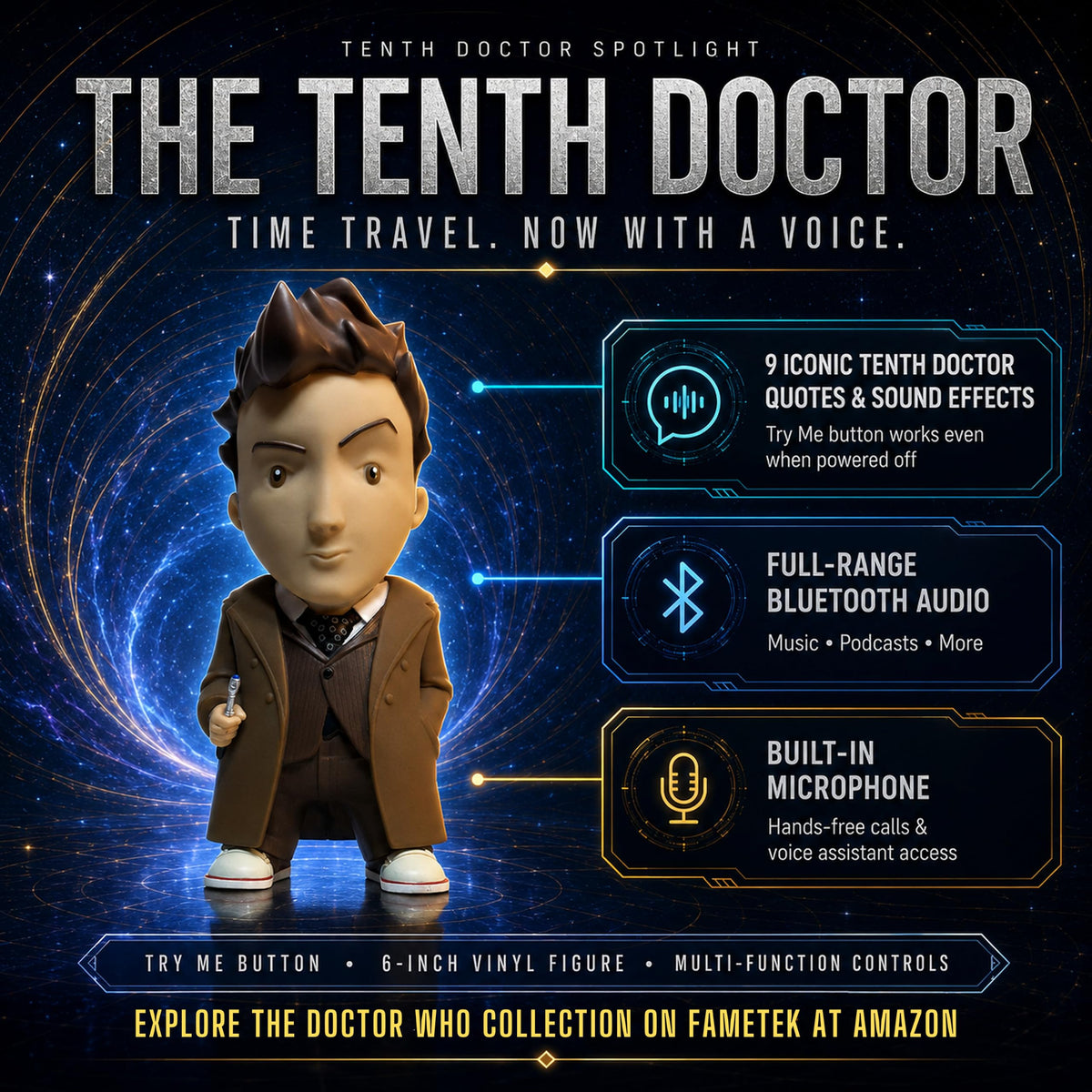 Altavoz Bluetooth FAMETEK Décimo Doctor de Doctor Who con Figura Parlante Seis Pulgadas y Citas Icónicas