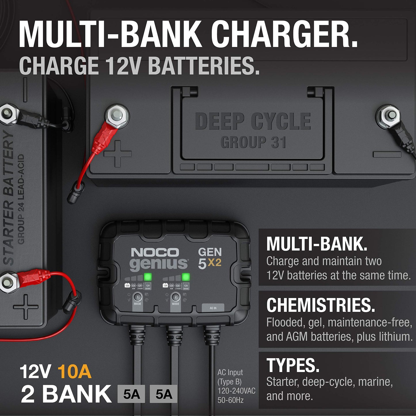 NOCO Genius GEN5X2, cargador de batería inteligente marino de 2 bancos, 10 A (5A/Banco), cargador de barco a bordo, impermeable de 12 V, mantenedor de batería y desulfador para baterías AGM, litio (LiFePO4) y ciclo profundo