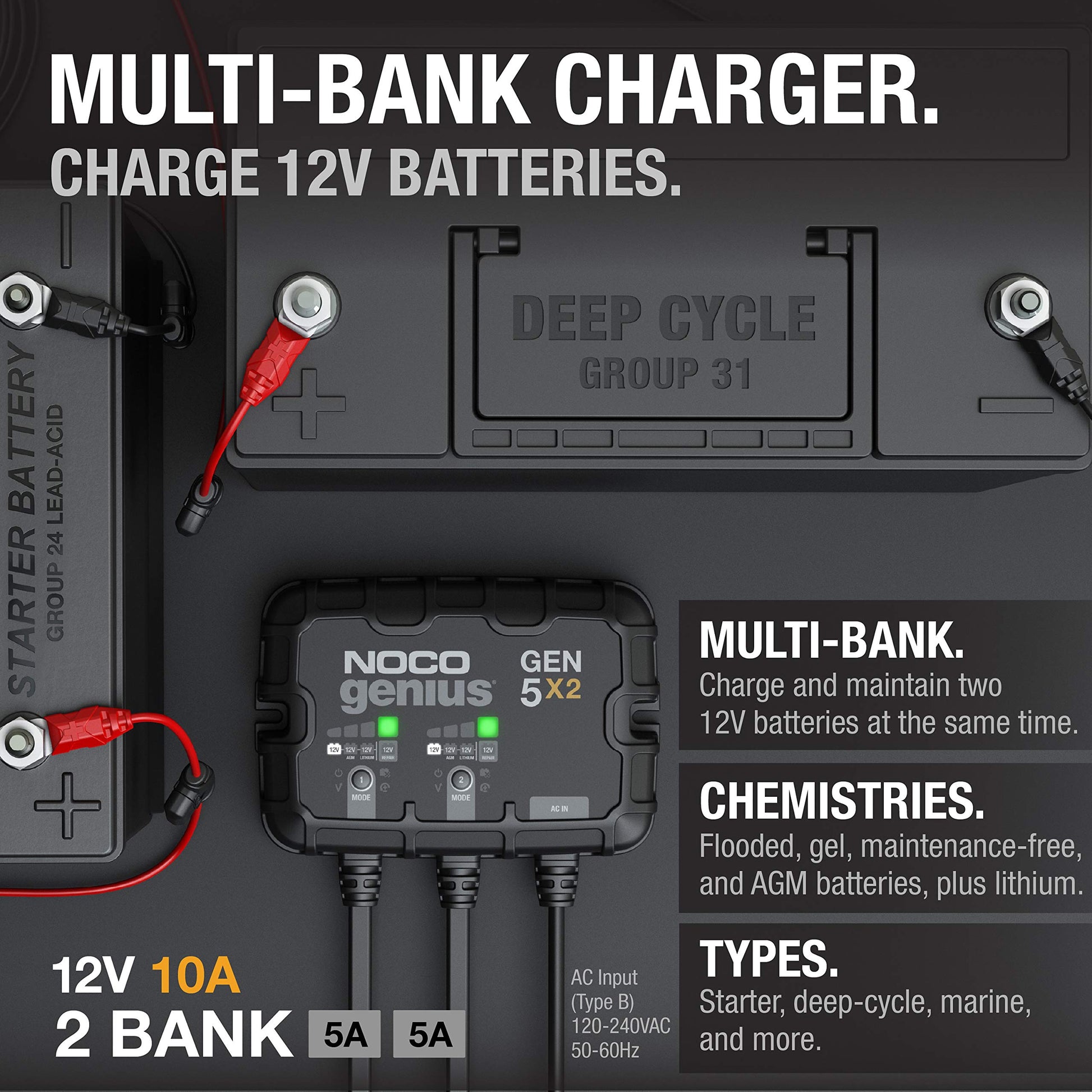 NOCO Genius GEN5X2, cargador de batería inteligente marino de 2 bancos, 10 A (5A/Banco), cargador de barco a bordo, impermeable de 12 V, mantenedor de batería y desulfador para baterías AGM, litio (LiFePO4) y ciclo profundo