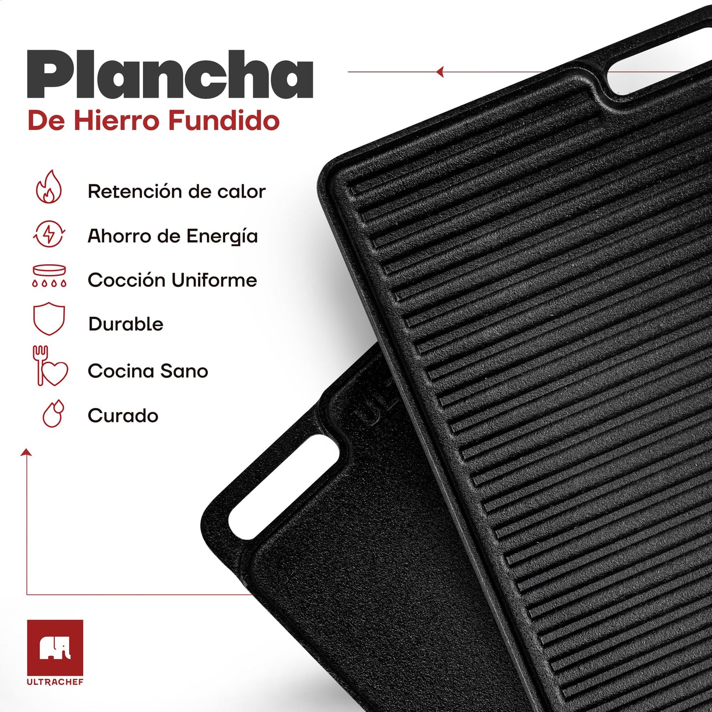 Plancha ULTRACHEF Negro Reversible de Hierro Fundido Rectangular 45 x 26 cm