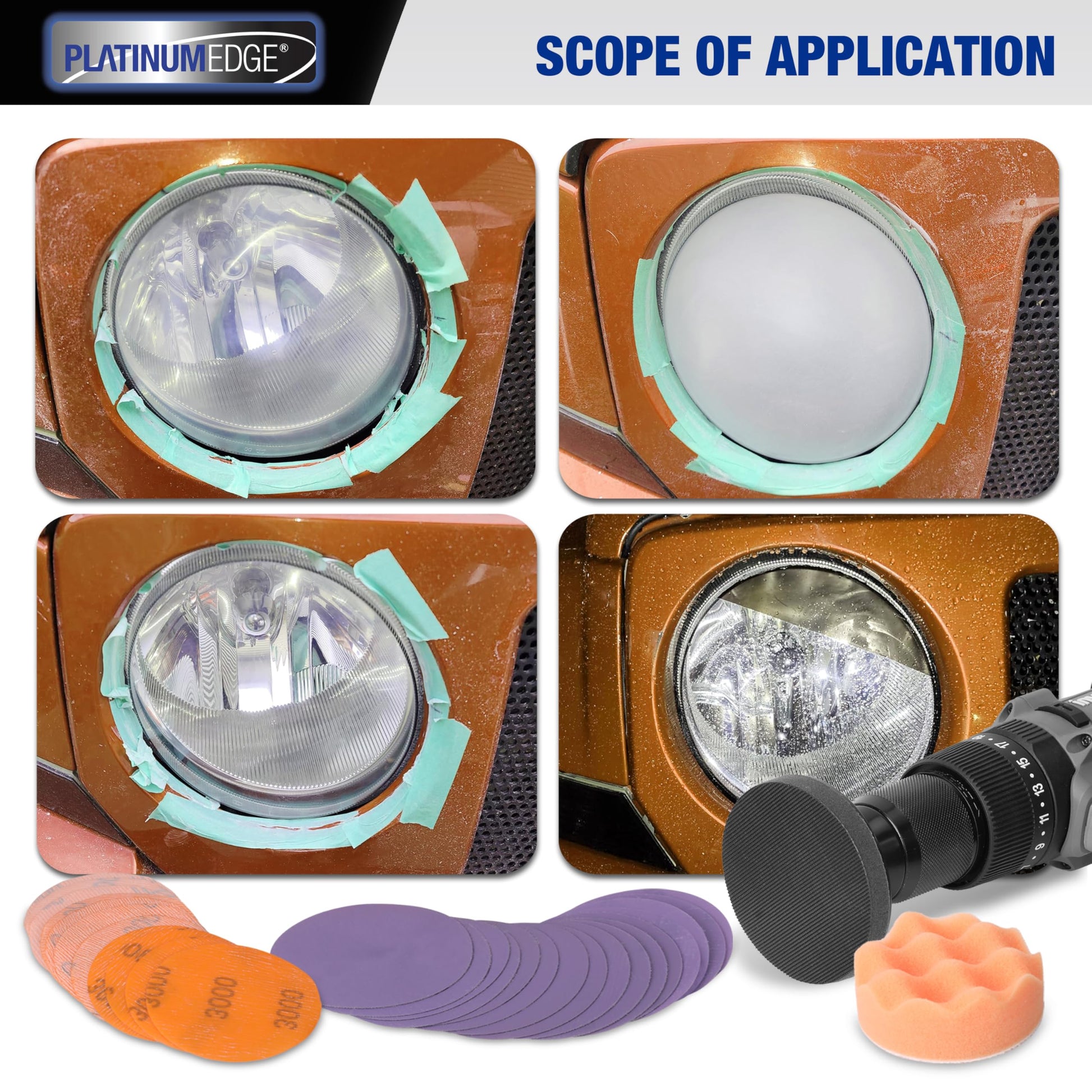 Kit de Restauración de Faros PLATINUMEDGE en Plata con Discos de Lijado de 3 Pulgadas para Coche