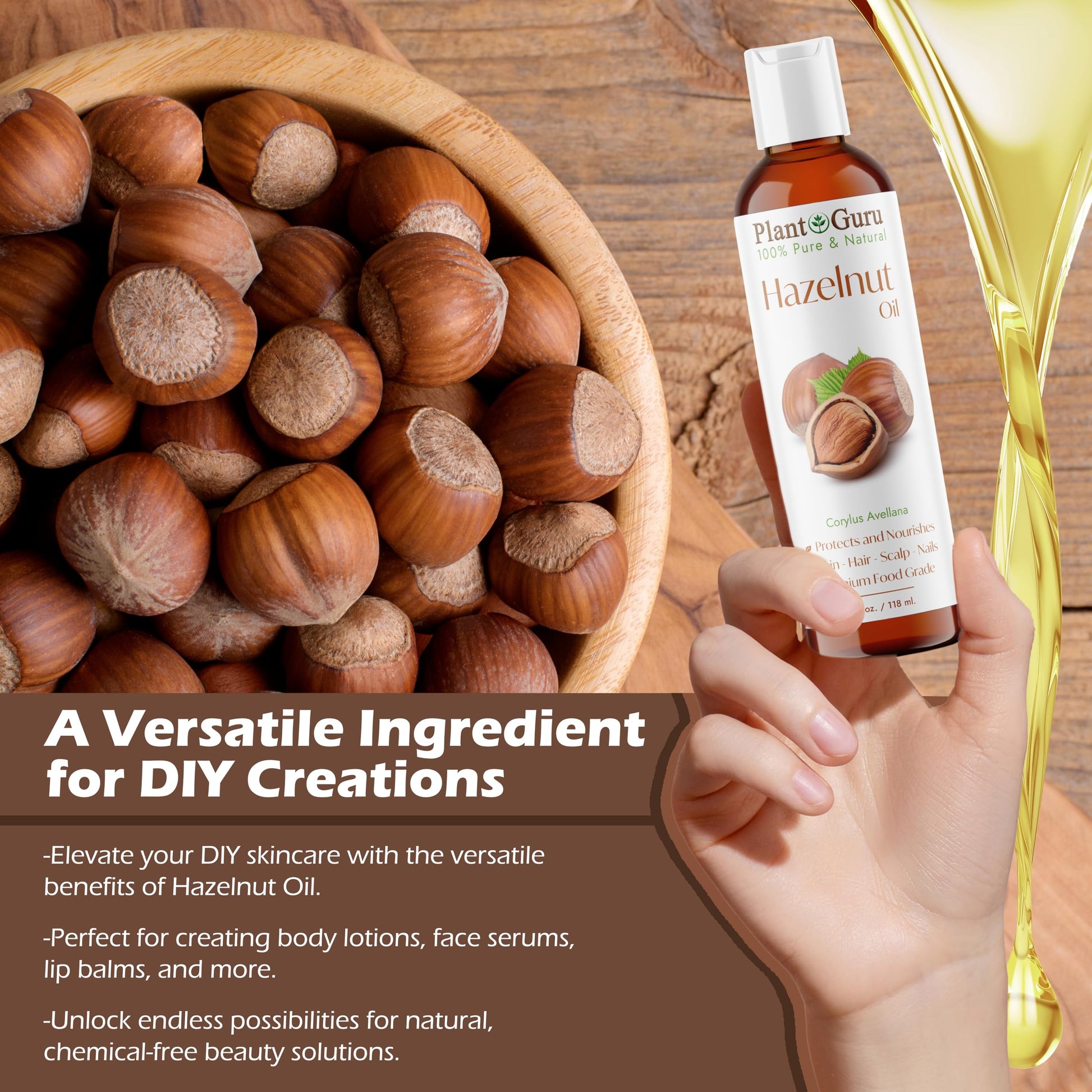 Hazelnut Oil 16 oz. Cold Pressed 100% Pure Natural Carrier - Skin, Body And Face. Great For Moisturizing & More!