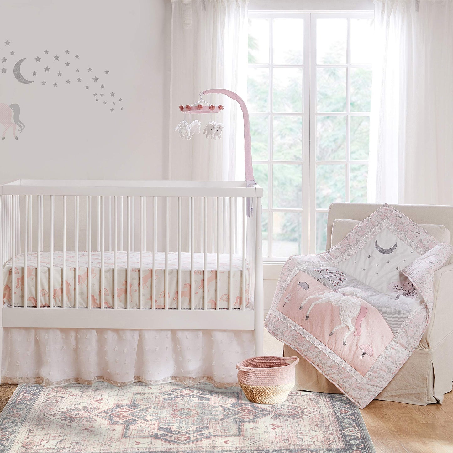 Levtex Baby - Colette Crib Bed Set - Baby Nursery Set - Grey Pink White - Unicorn - 5 Piece Set Includes Quilt, Two Fitted Sheets, Wall Decal & Skirt/Dust Ruffle