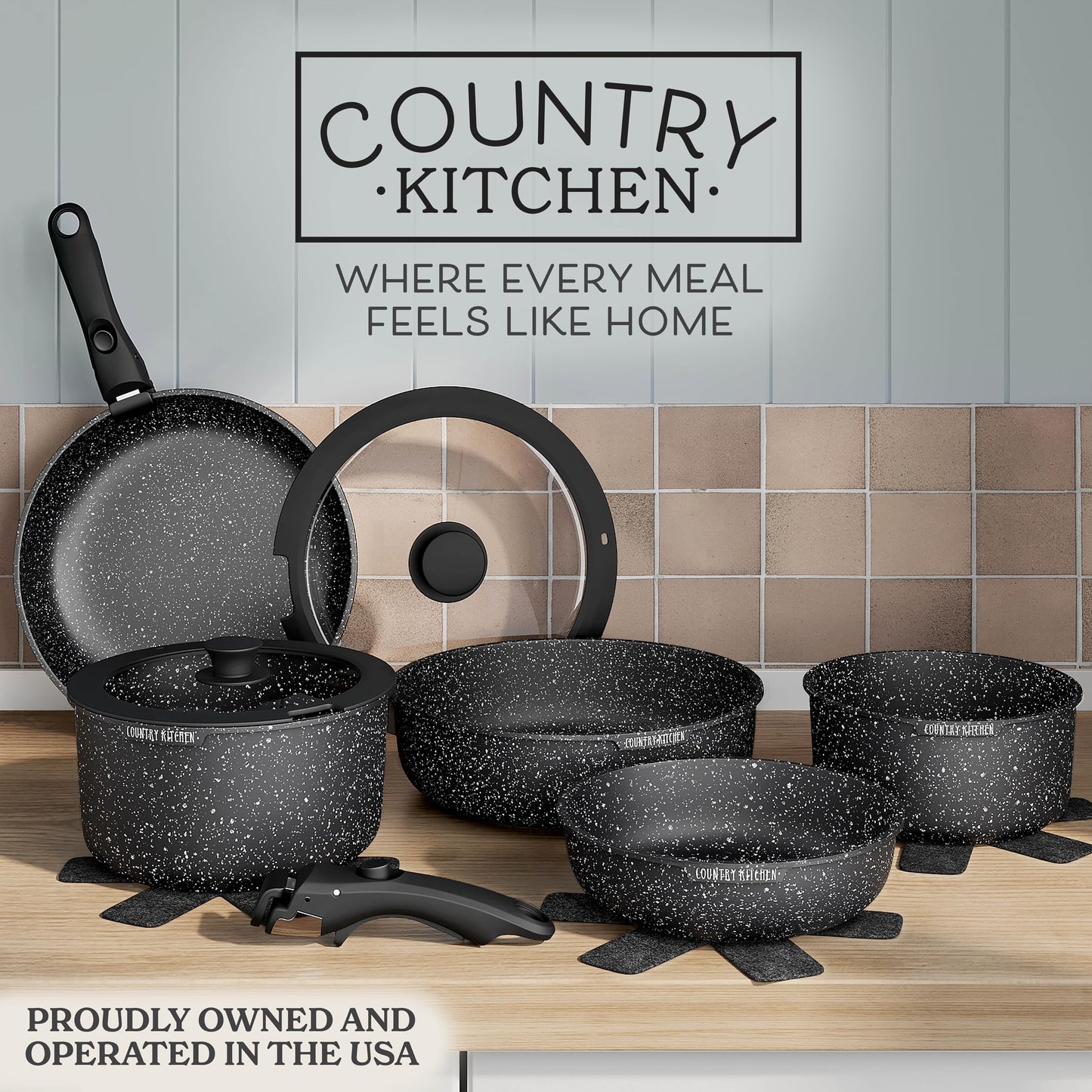 Country Kitchen - Juego de ollas y sartenes de 13 piezas, utensilios de cocina antiadherentes seguros con mango extraíble, juego de utensilios de cocina para RV, apto para horno (negro)