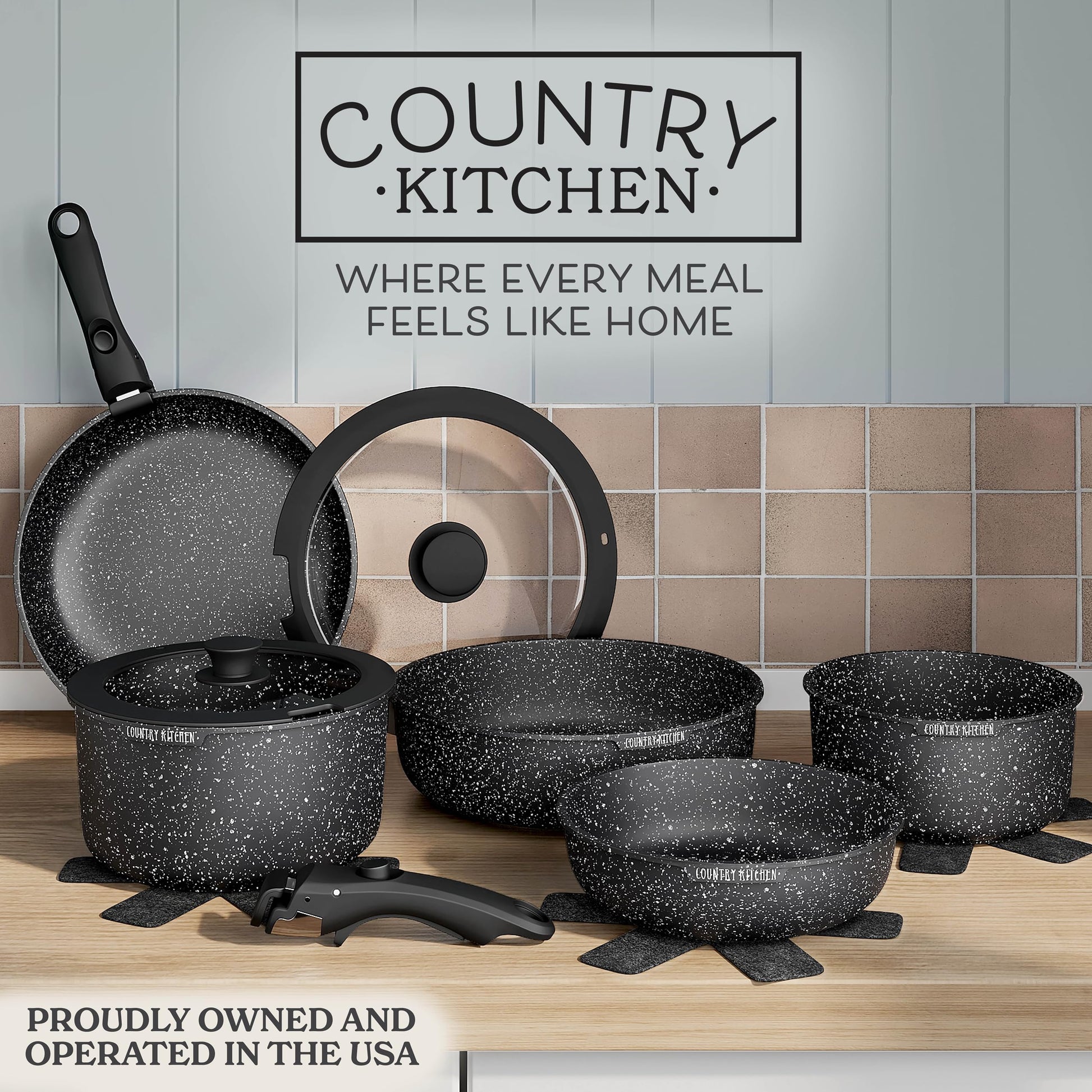 Country Kitchen - Juego de ollas y sartenes de 13 piezas, utensilios de cocina antiadherentes seguros con mango extraíble, juego de utensilios de cocina para RV, apto para horno (negro)