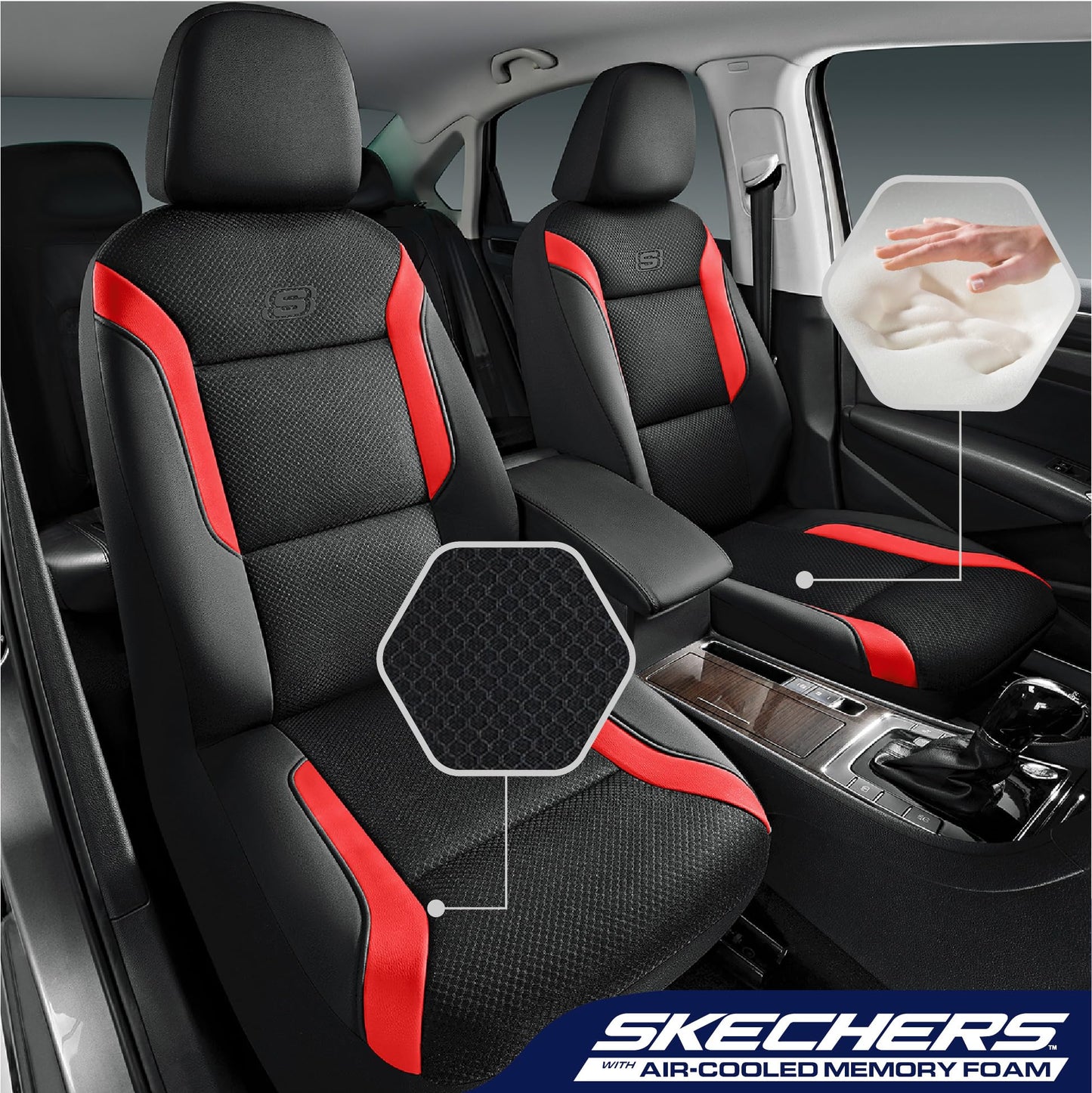 Skechers Memory Foam™ - Fundas de asiento de coche de piel, malla Air Cool, asiento delantero, compatible con airbag, comodidad y protección automotriz para la mayoría de vehículos, rojo