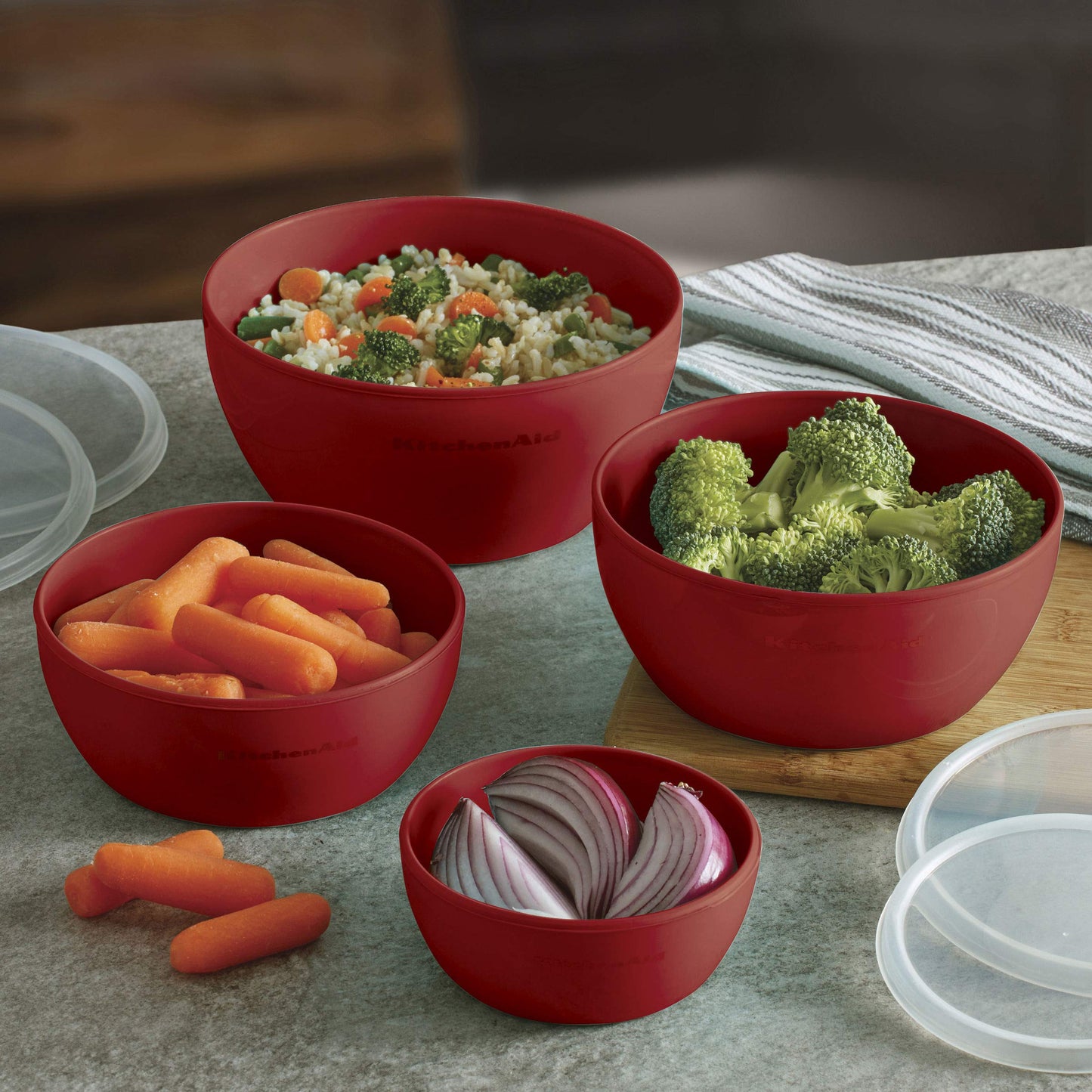 KitchenAid Classic Tazones de preparación con tapa, juego de 4 (8, 16, 24 & 32 oz), Empire Red