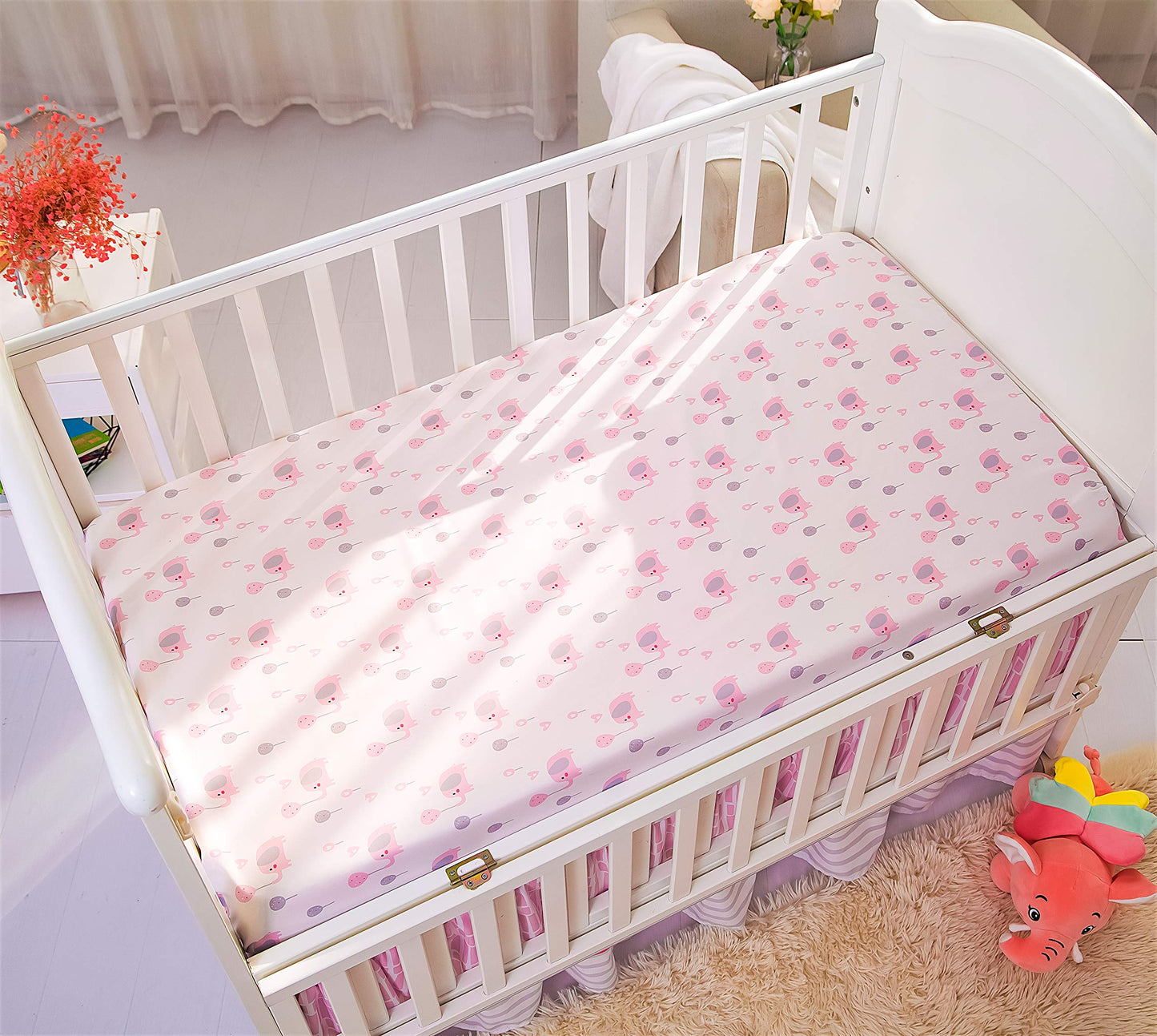La Premura Baby Elephant Nursery Crib Bedding Set for Girls - Pink Elephant & Love Balloons 3-Piece Standard Size Crib Set, Pink & Gray