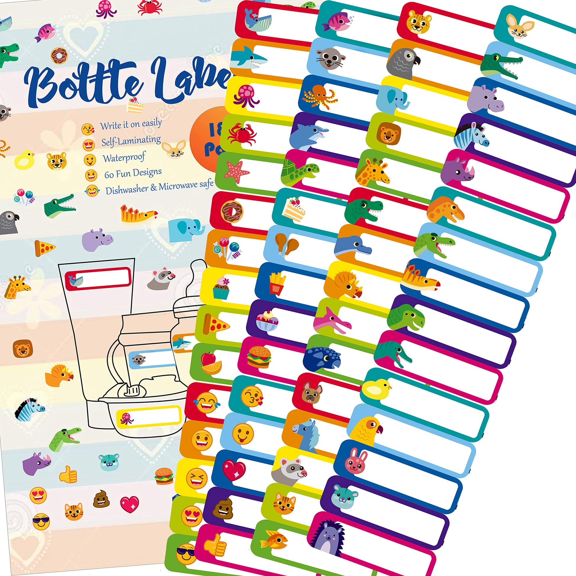 Etiquetas para Biberones Youngever Multicolor Autolaminadas con 60 Diseños Divertidos