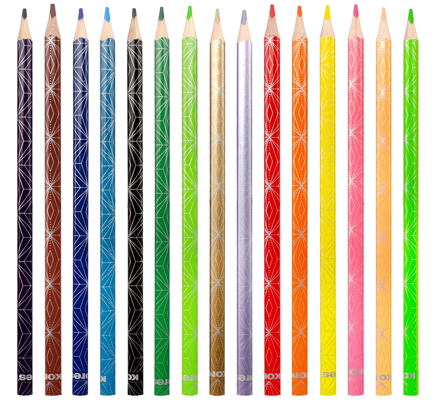 Kores - Kolores Estilo: 15 lápices de colores para niños, principiantes y adultos, tonos metálicos y neón para papel blanco, oscuro y artesanal, juego de 15 colores surtidos