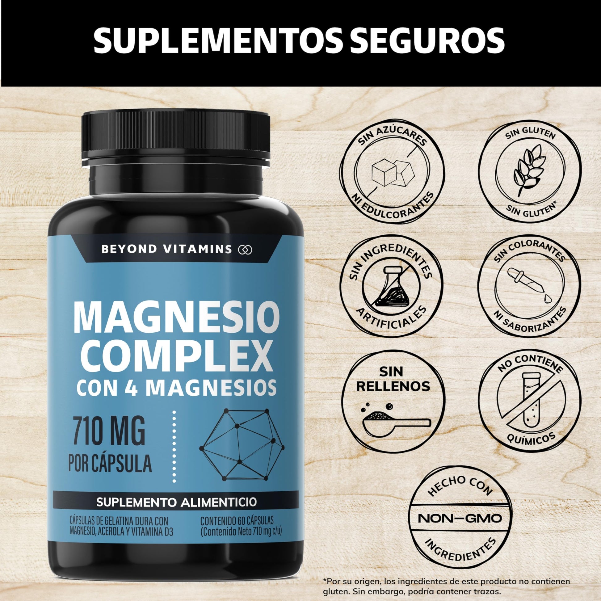 Beyond Vitamins | Magnesio Complex | CON 4 MAGNESIOS: Citrato, Glicinato, Gluconato y Óxido de Magnesio| 710 mg Puro por Cápsula | Suplemento Alimenticio Sin Rellenos-60 cápsulas