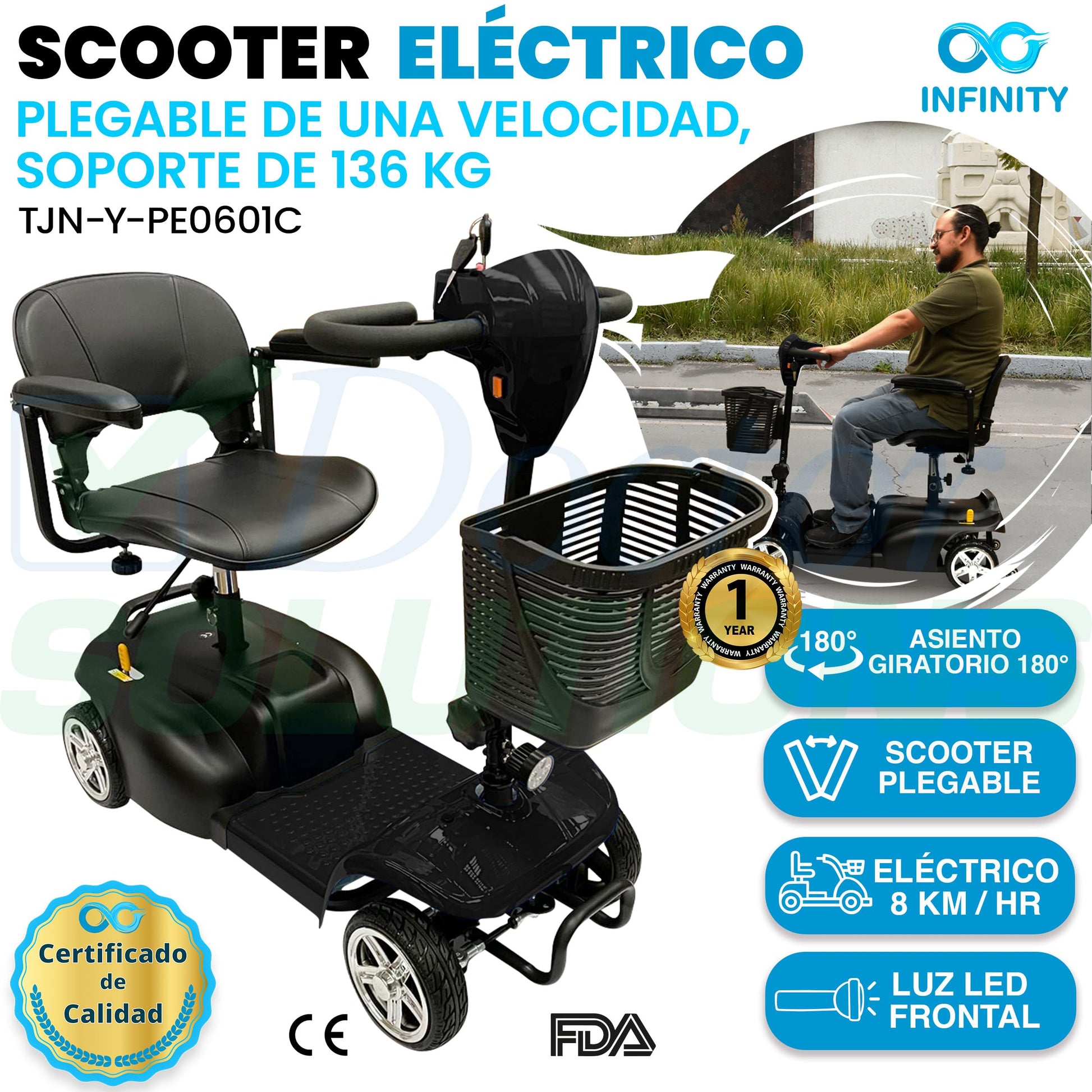 INFINITY | Silla Ruedas Eléctrica Plegable y Recargable Scooter para Adulto Discapacitado, con Batería de Larga Duración (NEGRO)