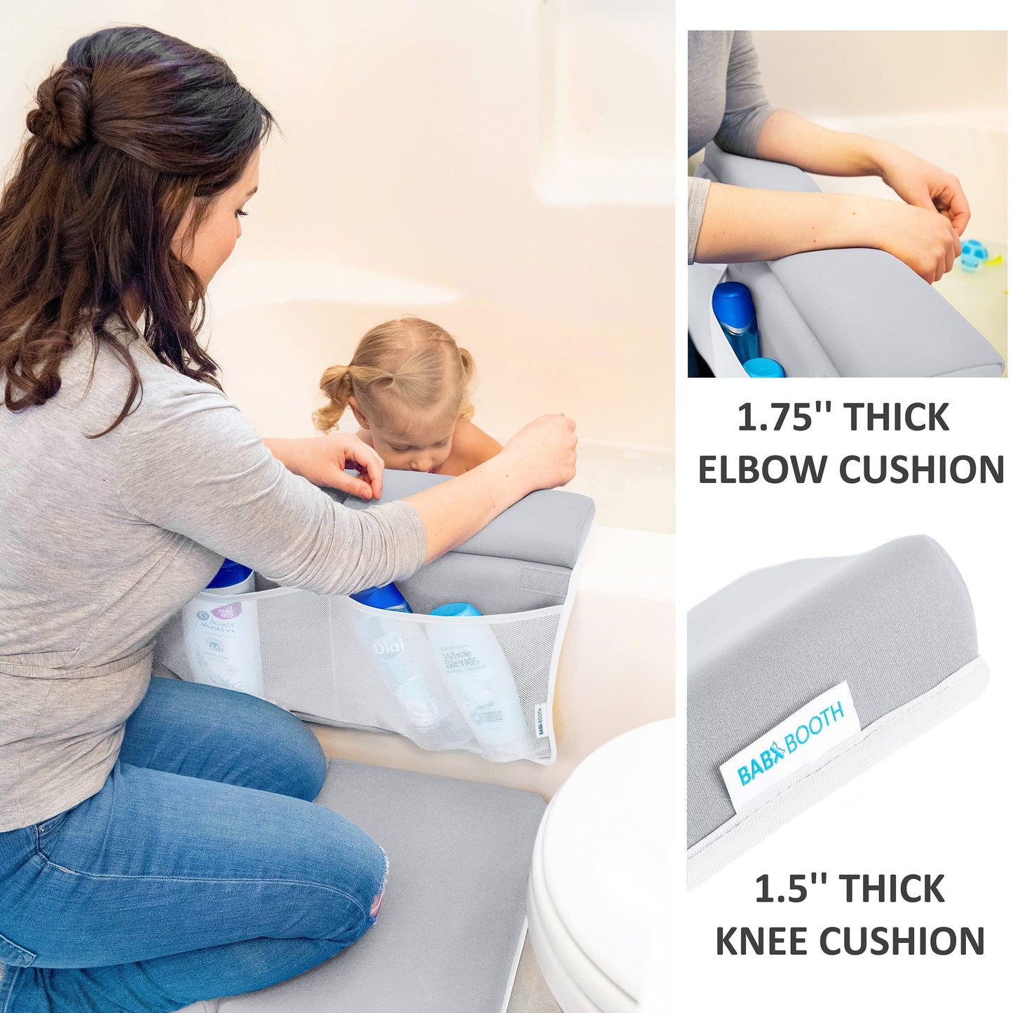 Almohadilla de baño para rodillas y coderas, 4,4 cm, extra gruesa, almohadilla para rodillas y codo para bañera. Codera para bañera con organizador de juguetes para bebés y accesorios para bebé, color gris