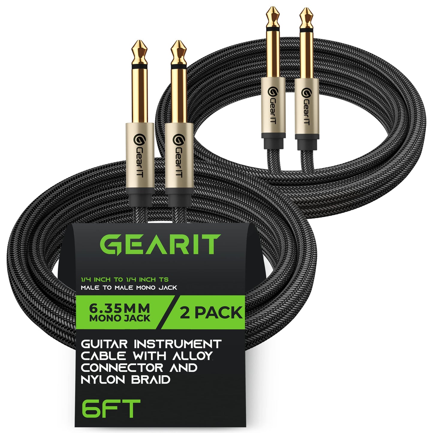GearIT - Cable para guitarra eléctrica de 1/4 pulgadas a 1/4 pulgadas (1.8 metros, paquete de 2 TS recto, macho a macho, Mono Jack de 6.35 mm con conector de aleación y trenzado de nailon