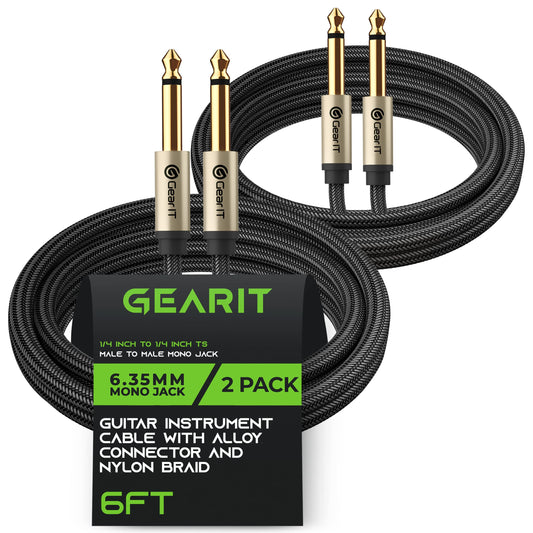GearIT - Cable para guitarra eléctrica de 1/4 pulgadas a 1/4 pulgadas (1.8 metros, paquete de 2 TS recto, macho a macho, Mono Jack de 6.35 mm con conector de aleación y trenzado de nailon